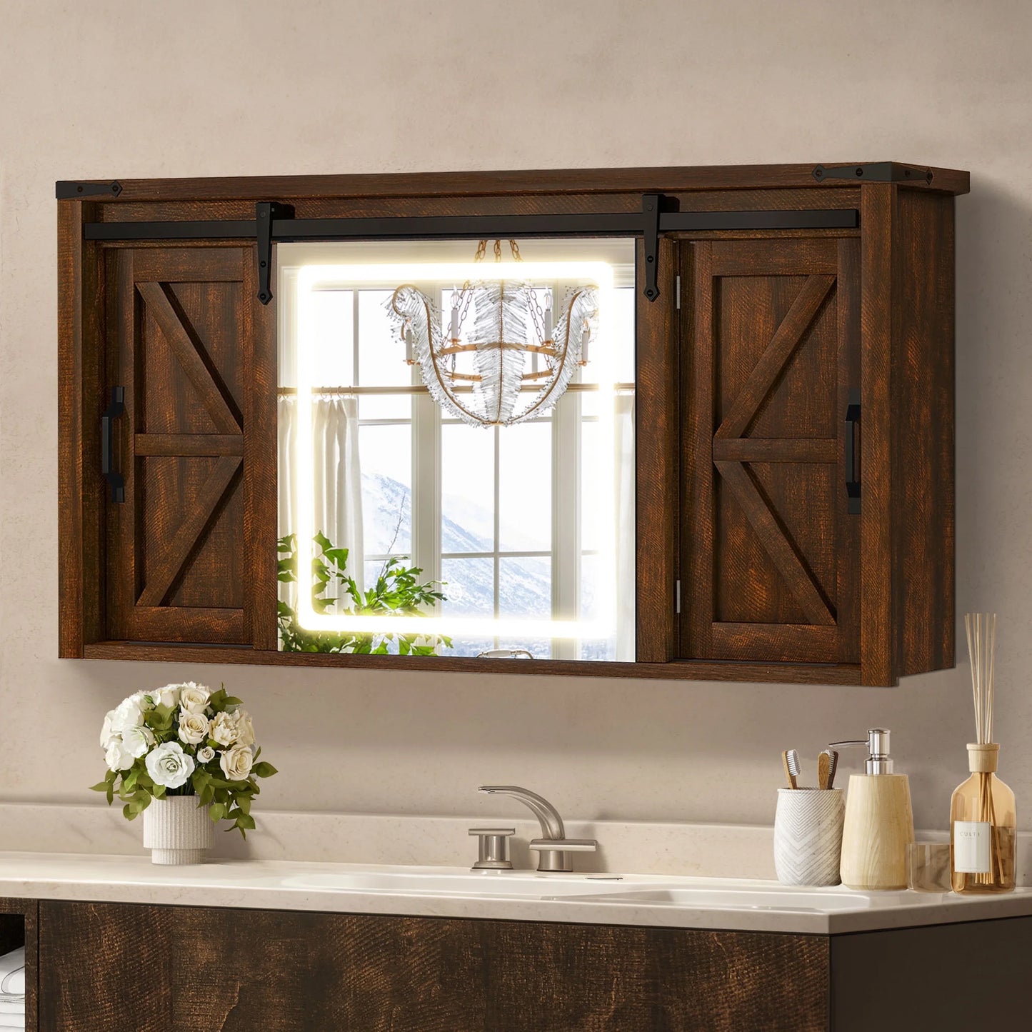 Farmhouse Wall Mount Lighted Medicine Cabinet