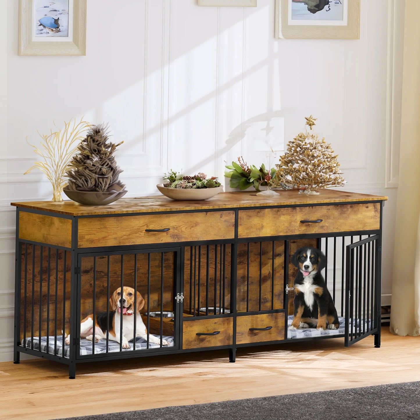 74.8" Oskar Double Dog Crate Furniture For 2 Dogs