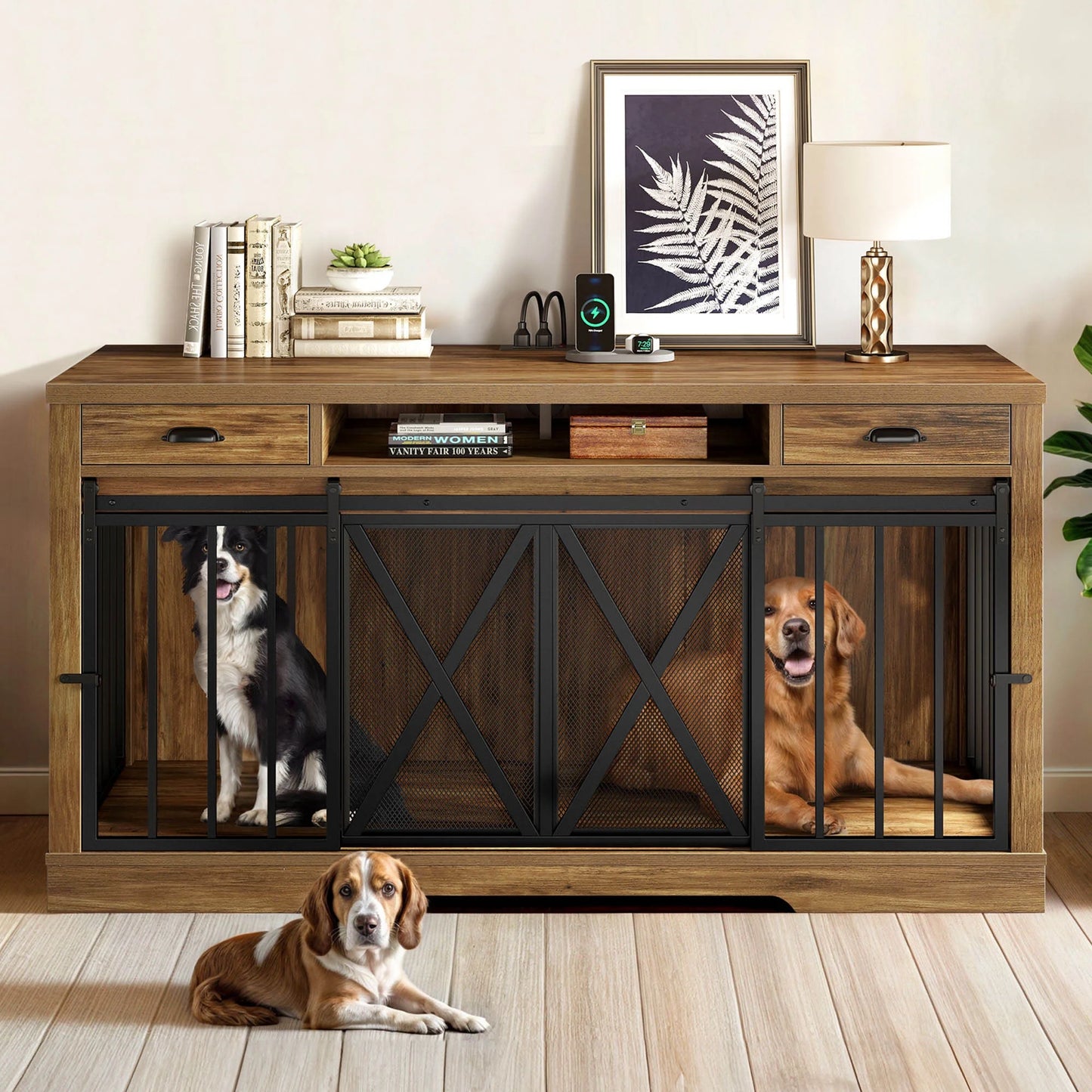 62.6" Enya Double Dog Crate Furniture For 2 Dogs