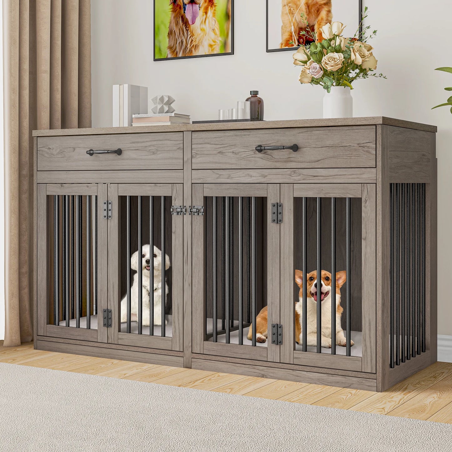 60.2" Rita Double Dog Crate Furniture For 2 Dogs
