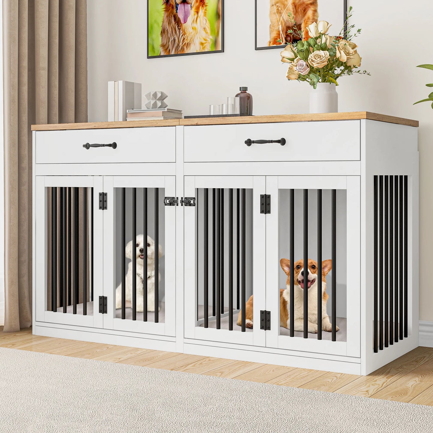 60.2" Rita Double Dog Crate Furniture For 2 Dogs