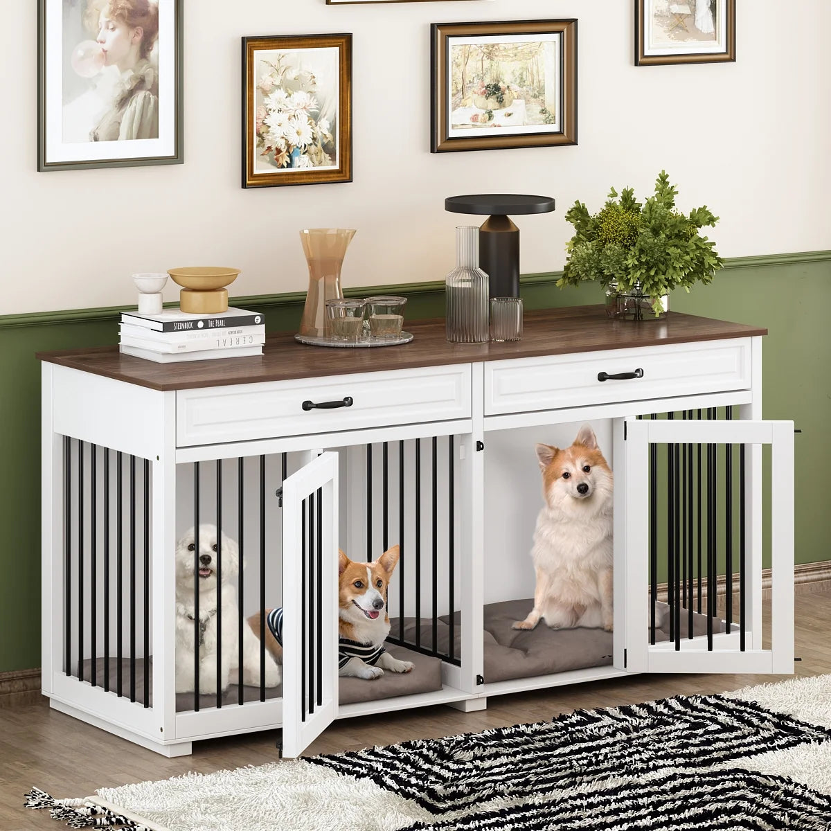 64.6" Blake Double Dog Crate Furniture For 2 Dogs
