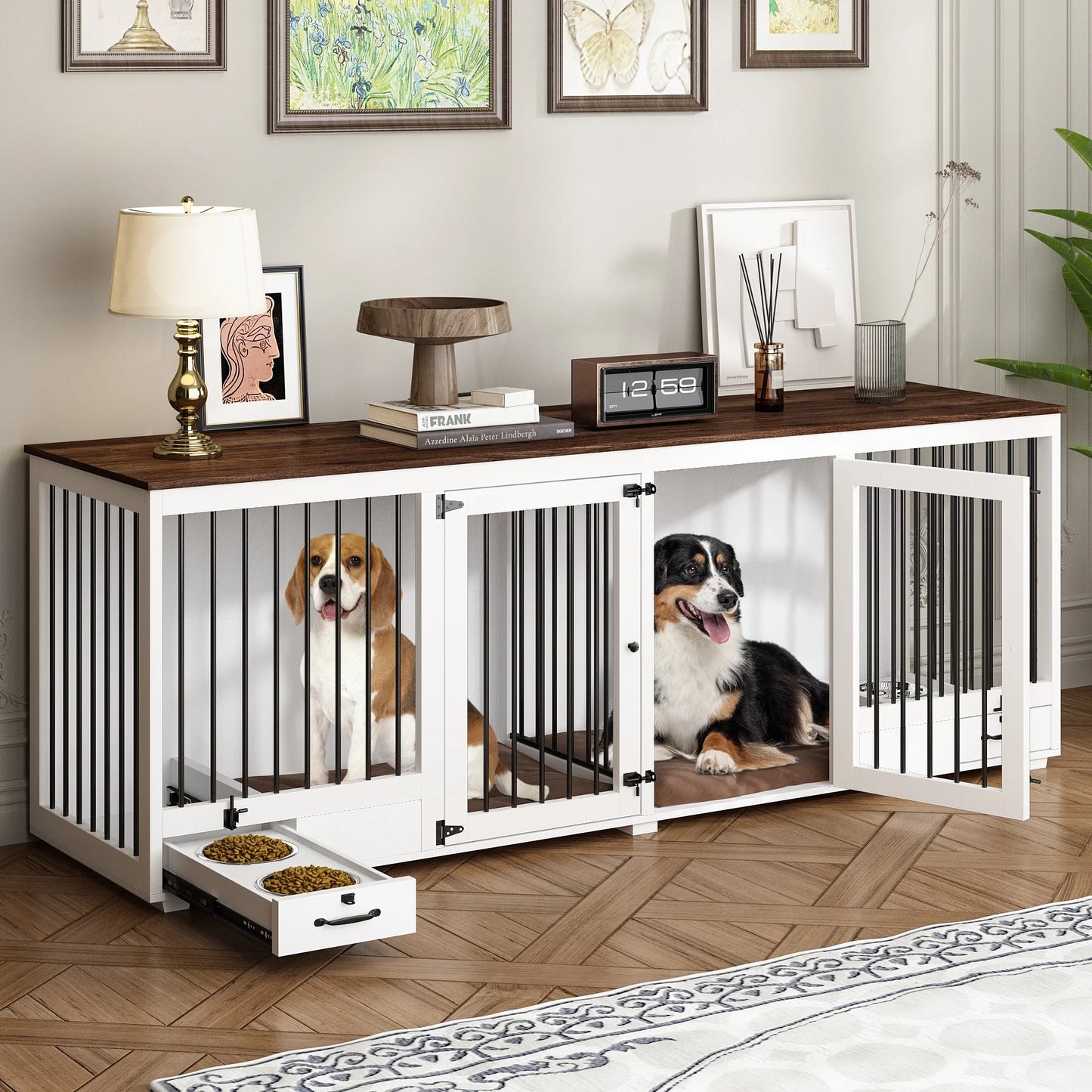 86.6" Angus Double Dog Crate Furniture For 2 Dogs With Bowl