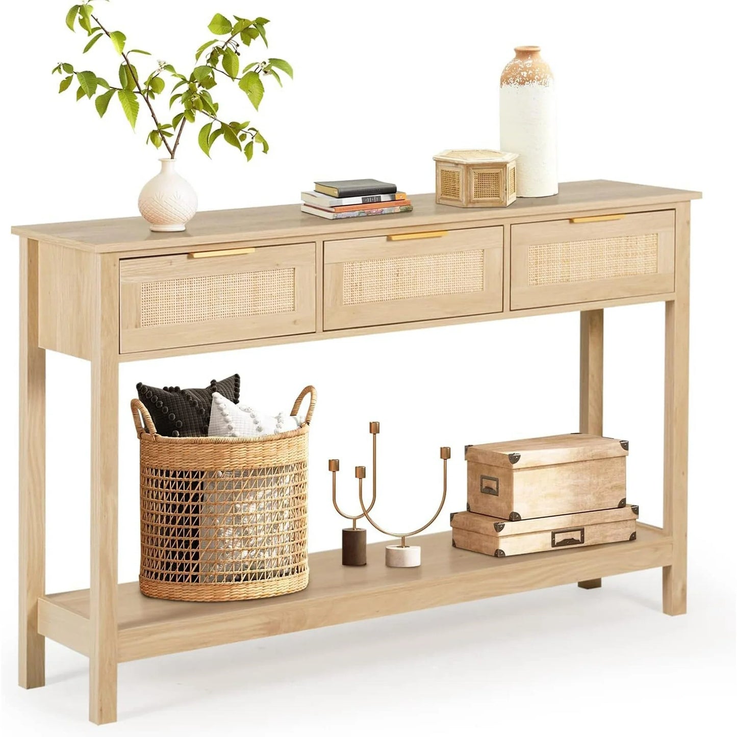 Aine Rattan Narrow Entryway Table With Storage