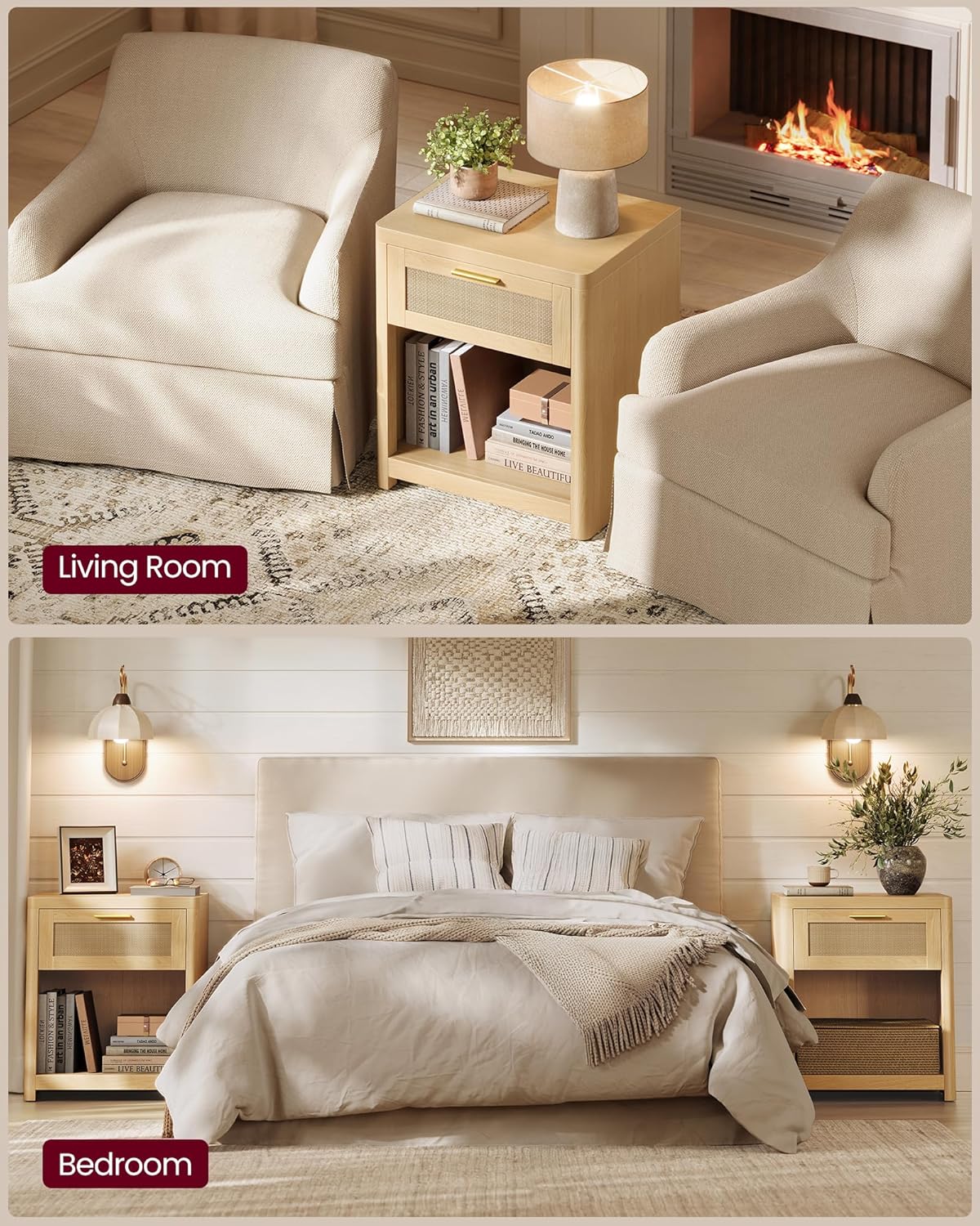 Boho Rattan Nightstand Accent Side End Tables