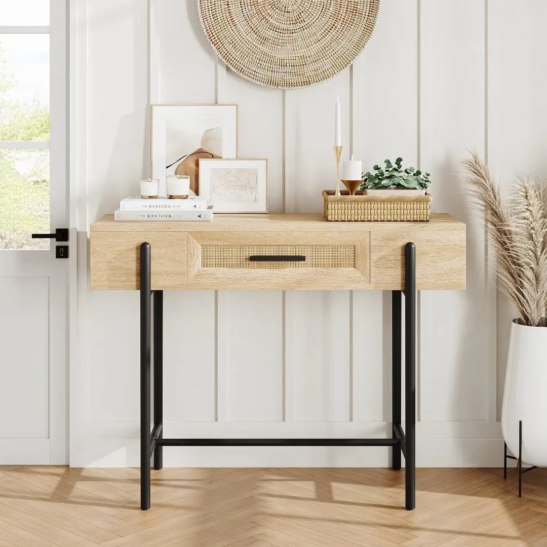Lara Rattan Narrow Entryway Table With Storage
