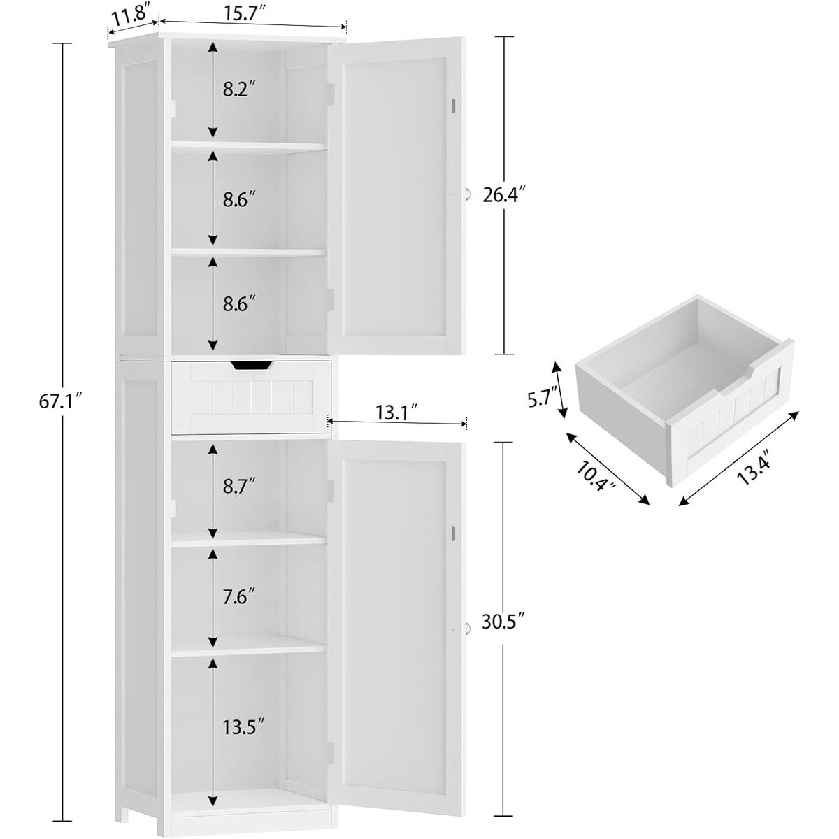 Ludmila 67" Tall Slim Linen Cabinet with 2 Doors & Drawer, White