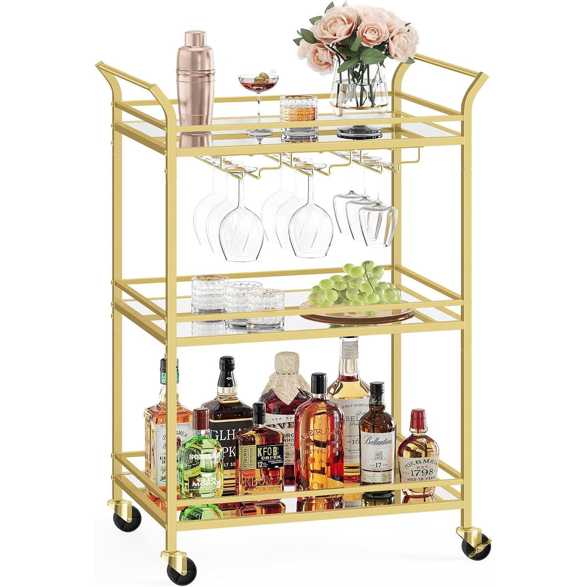 Valentina 3-Tier Gold Bar Cart with Mirrored Glass Shelves & Wine Rack