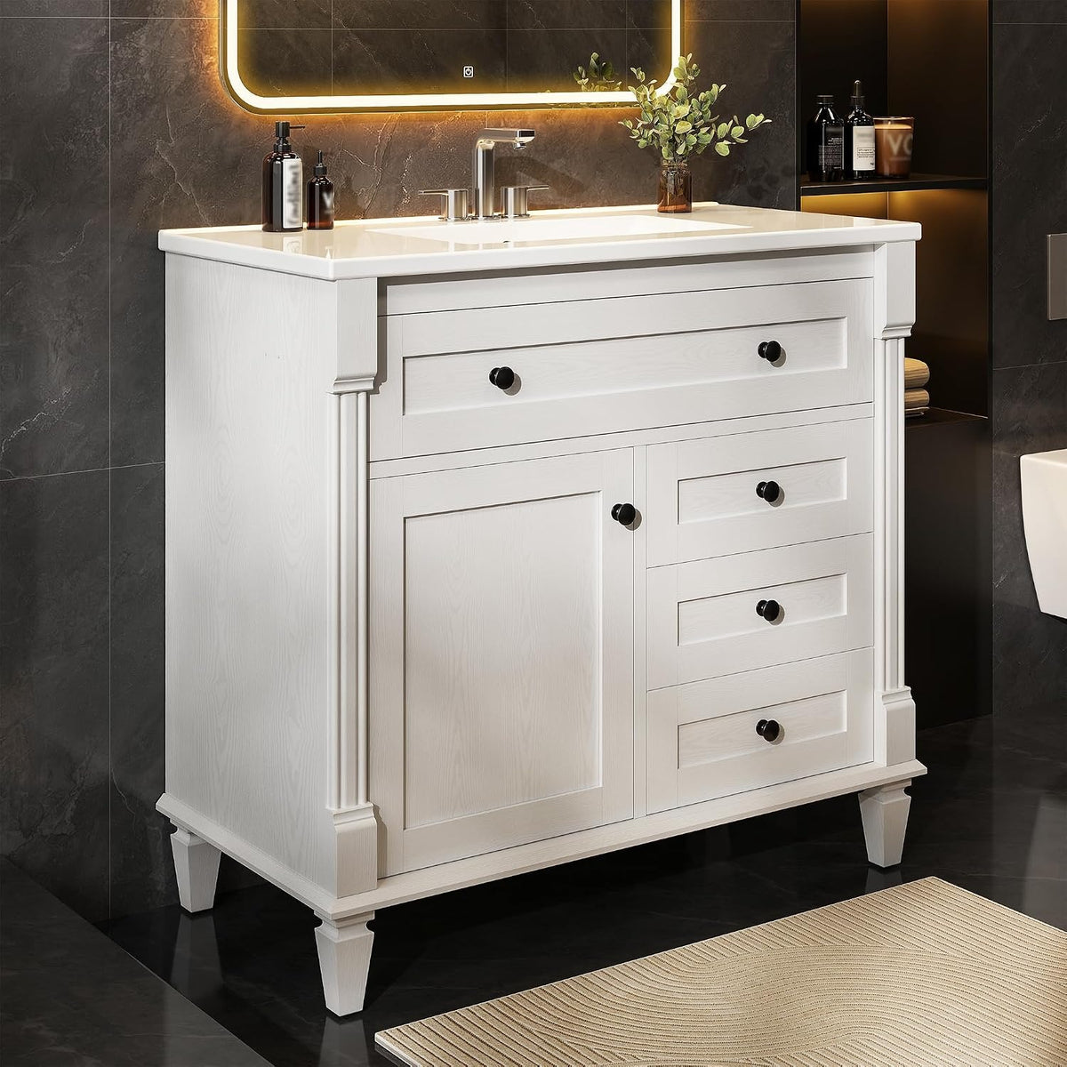36" Bathroom Vanity with Ceramic Sink, Shaker Vanity Cabinet with Flip-Top Drawer, Towel Bar & Solid Wood Legs, White – Marcelline