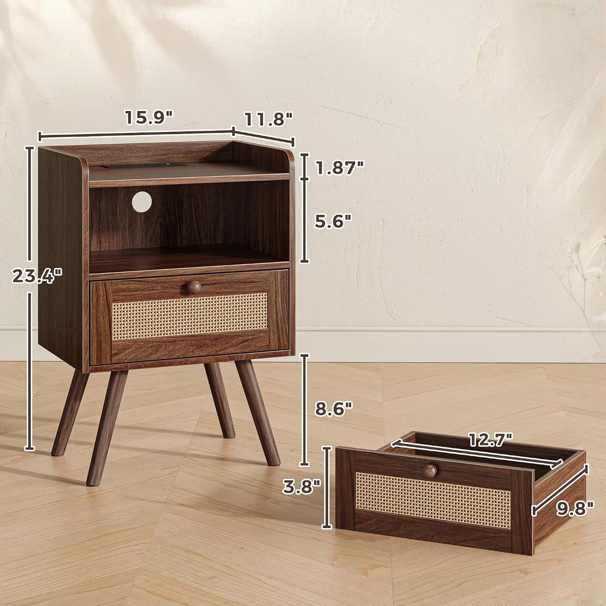 Nightstands Set of 2 with Charging Station, Rattan Drawer Bedside Tables with USB-C & Open Shelf, 23.4" Tall, Dark Walnut – Annalise