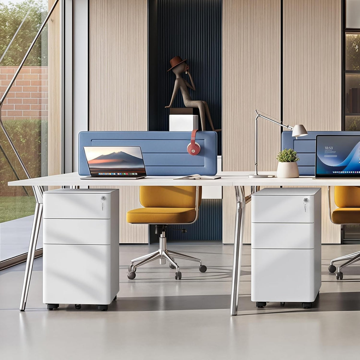 Two white mobile file cabinets under a desk in a modern office