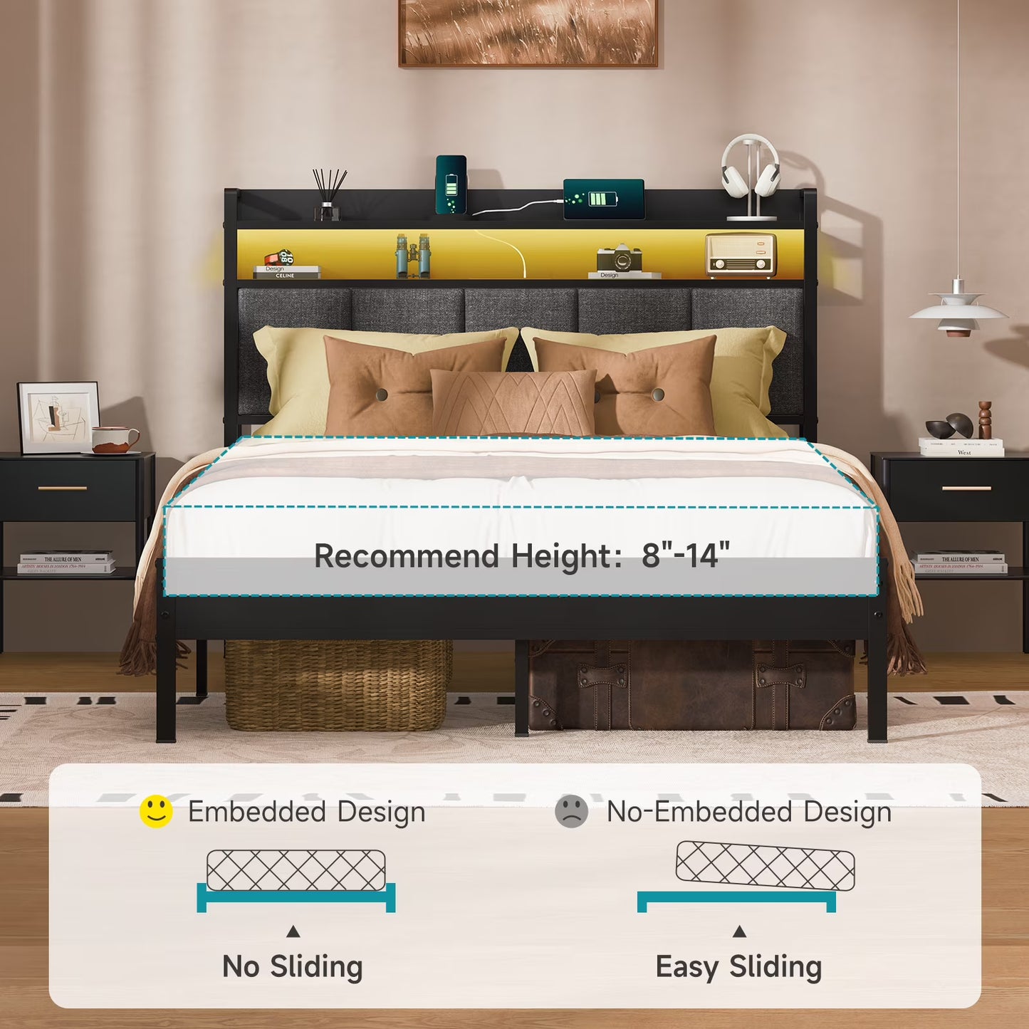 Queen Bed Frame with LED Lights Headboard - Canva Home