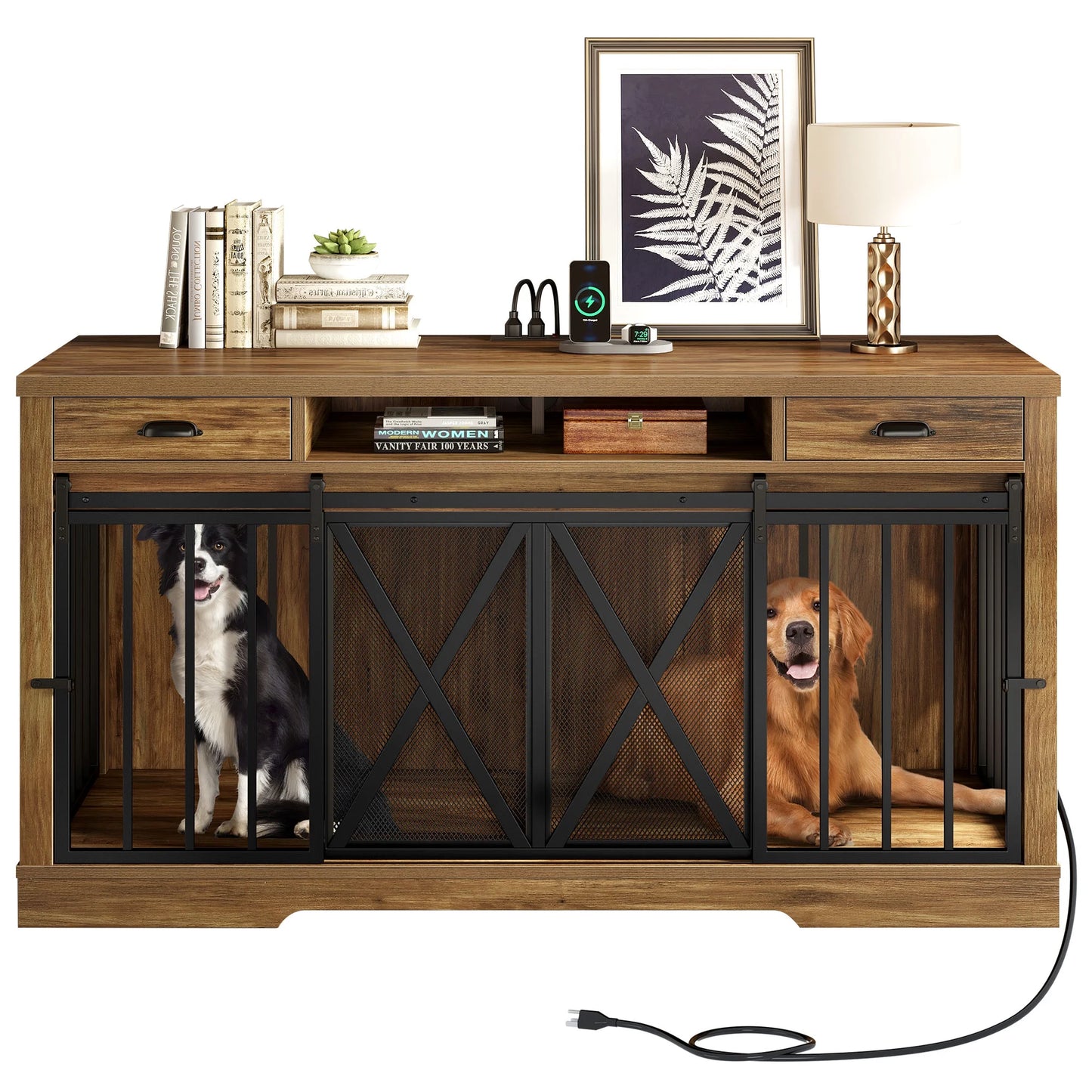 62.6" Enya Double Dog Crate Furniture For 2 Dogs
