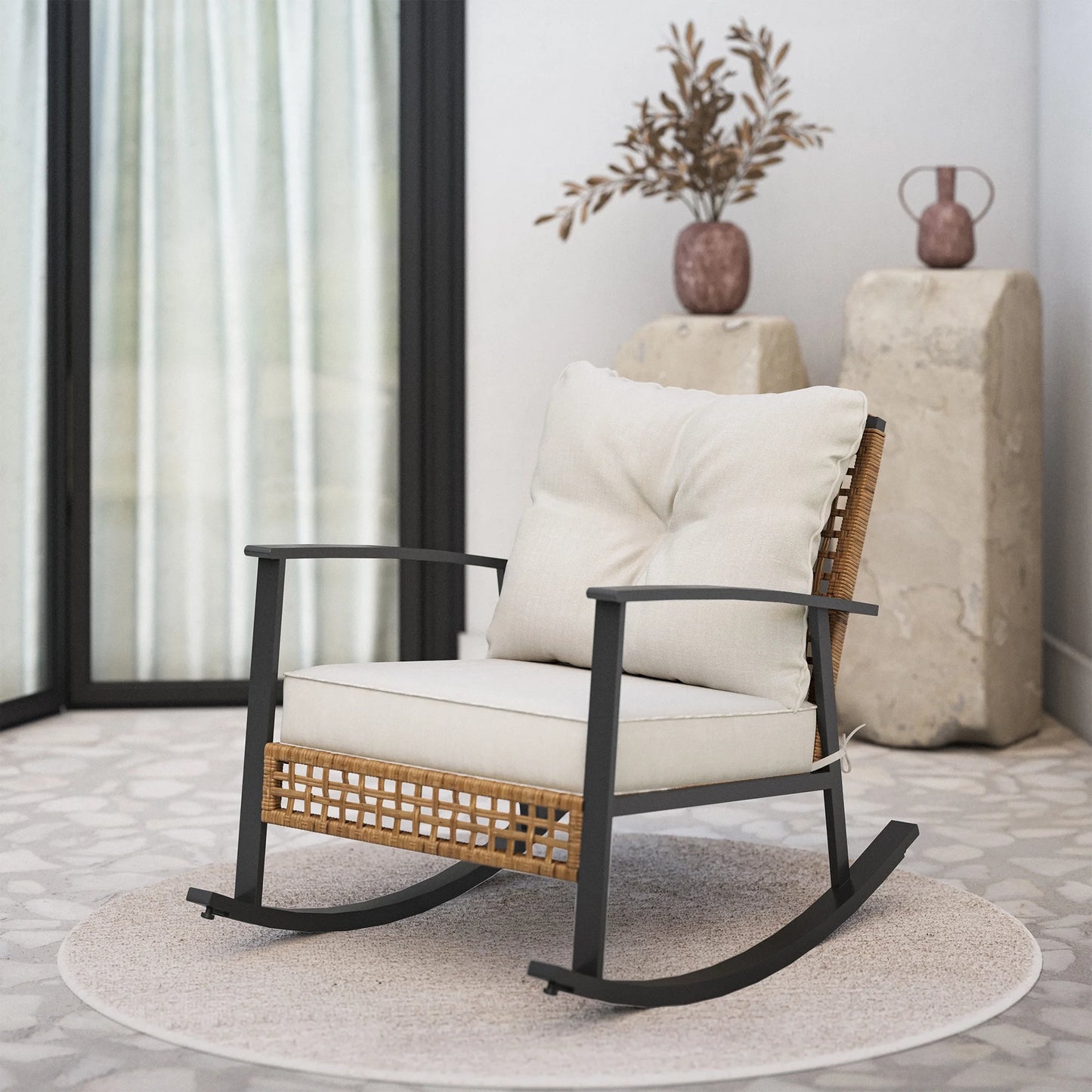 Rattan Modern Cushioned Rocking Armchair