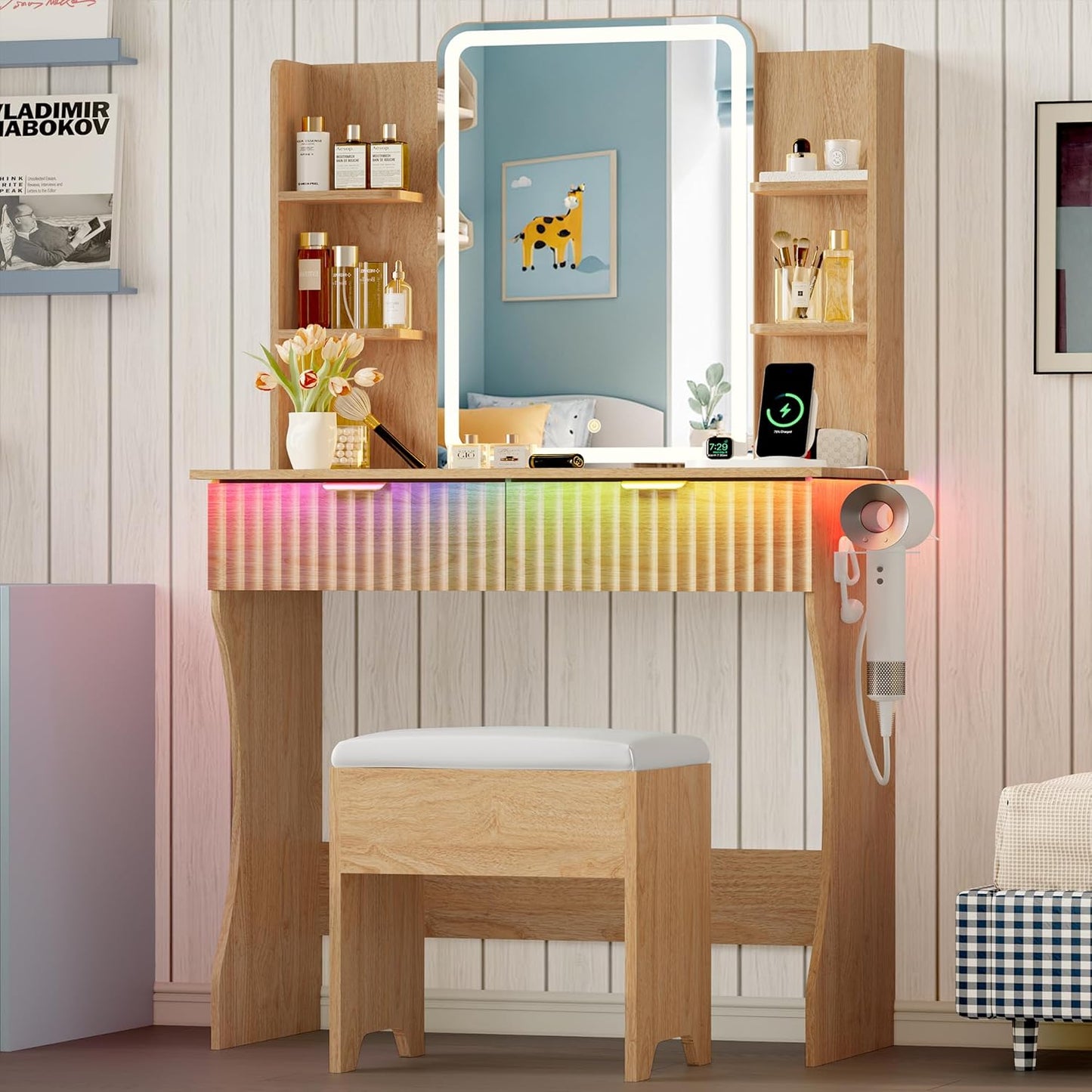 Vanity Desk with LED Lights Mirror & Power Outle - Canva Home