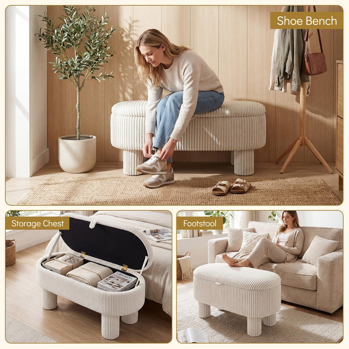 Araminta 42" Ivory Corduroy Storage Ottoman Bench