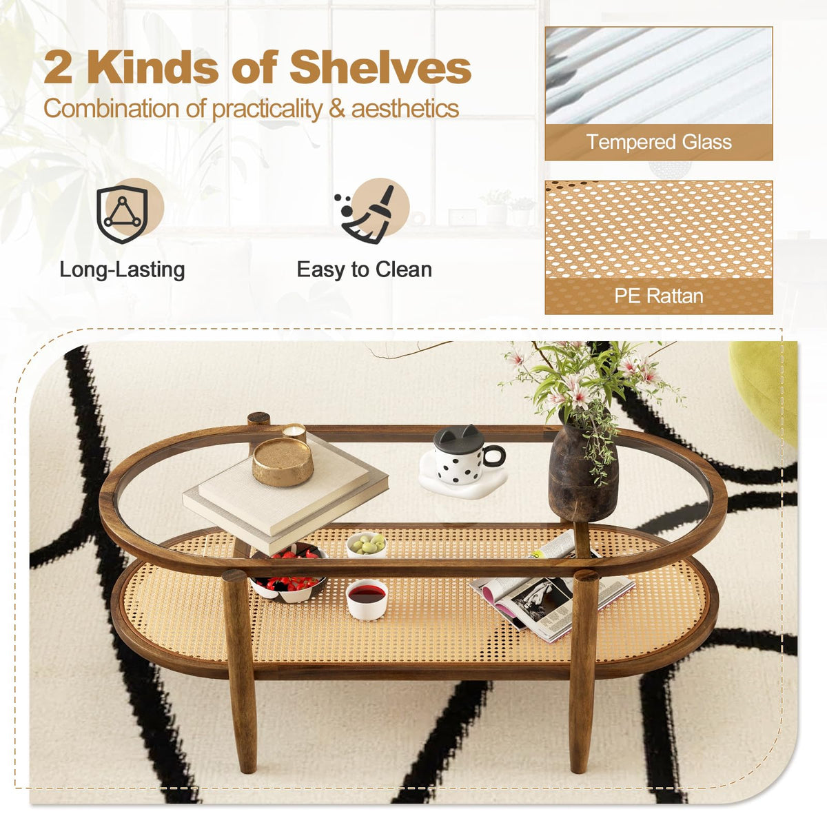 Maris Boho Rattan Coffee Table with Glass Top