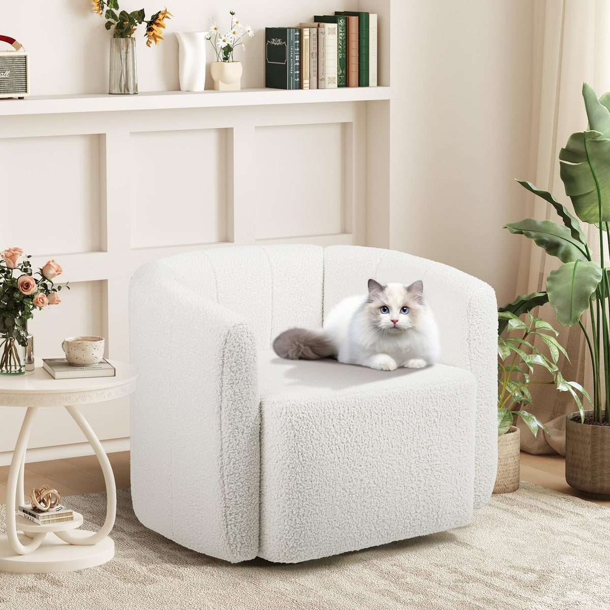 Wilhelmina 360° Swivel Barrel Accent Chair in Ivory Sherpa
