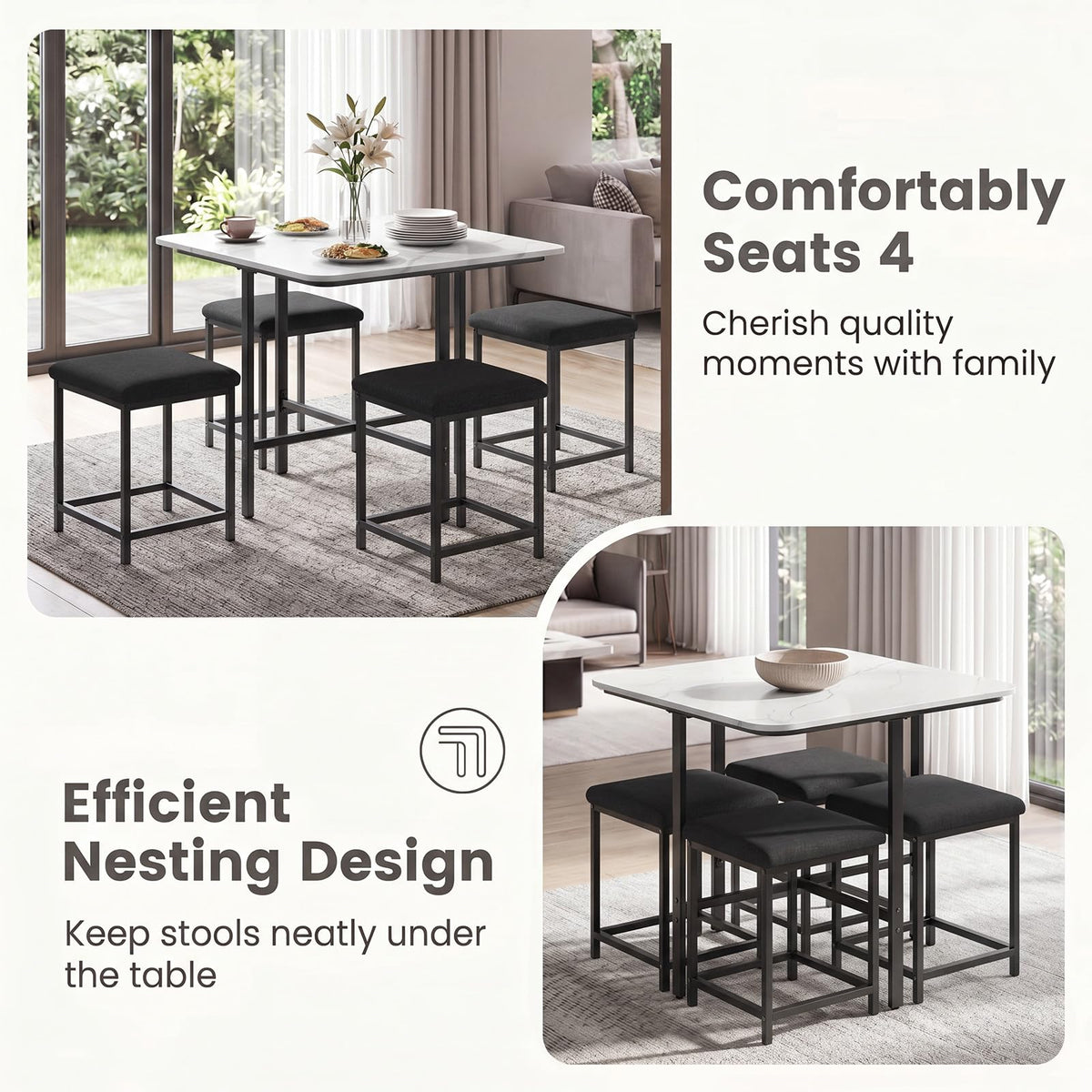 Bernadette 5-Piece Faux Marble Dining Set with 4 Tuck-Away Stools