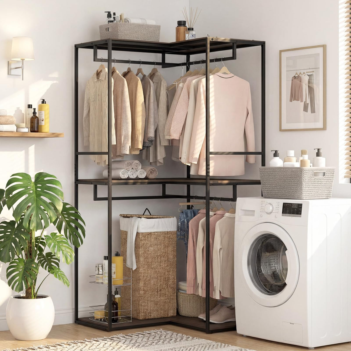 Estelle L-Shaped Corner Clothes Rack with 3 Shelves and 2 Rods