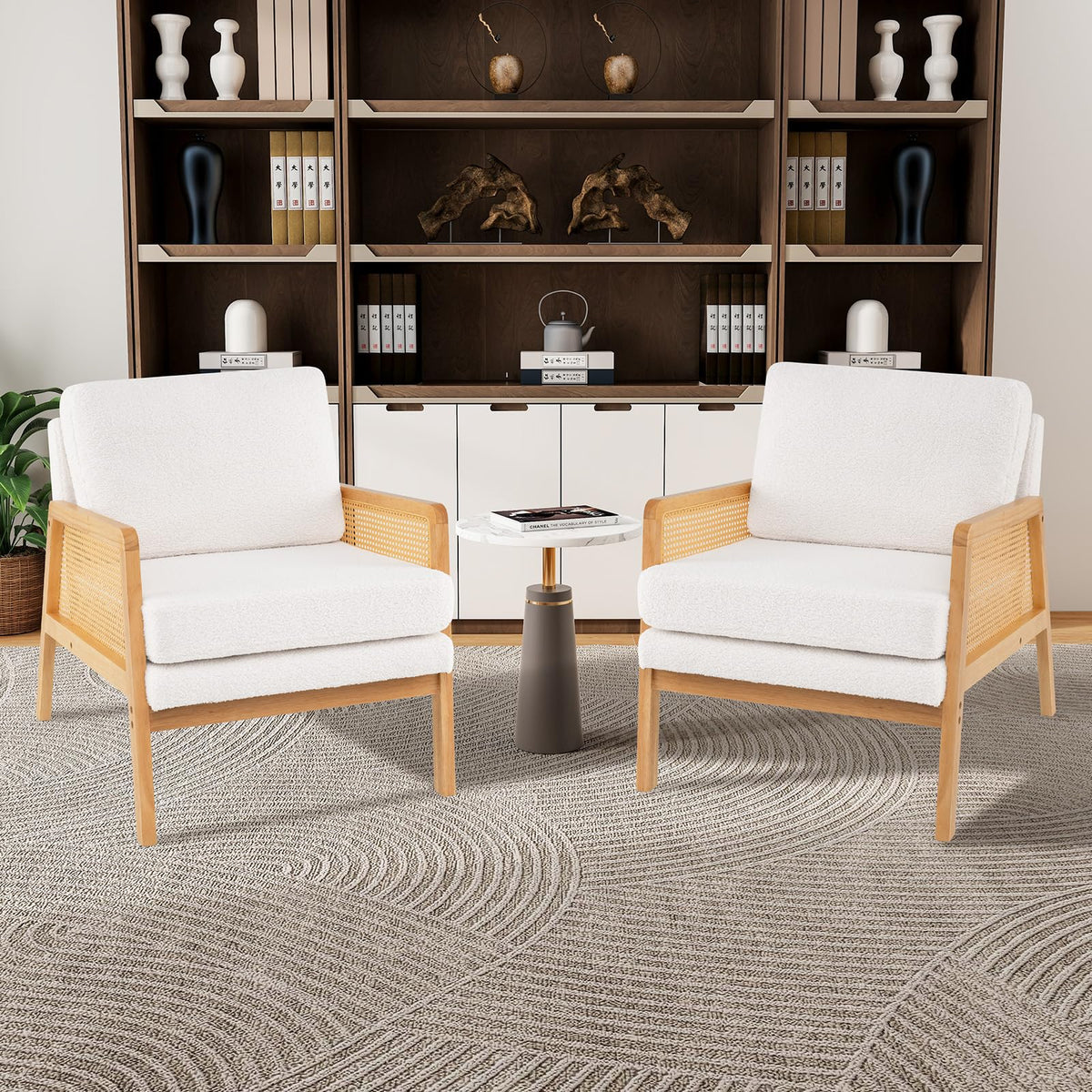 Cordelia Boho Sherpa Accent Chair with Rattan Arms