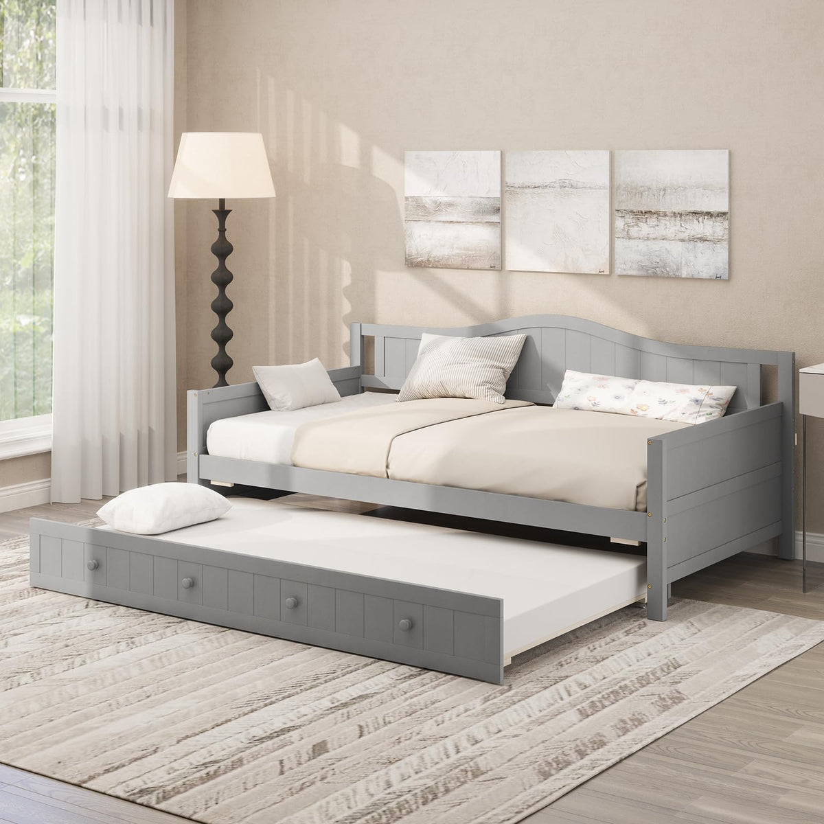 Philippa Twin Wood Daybed with Roll-Out Trundle in Gray
