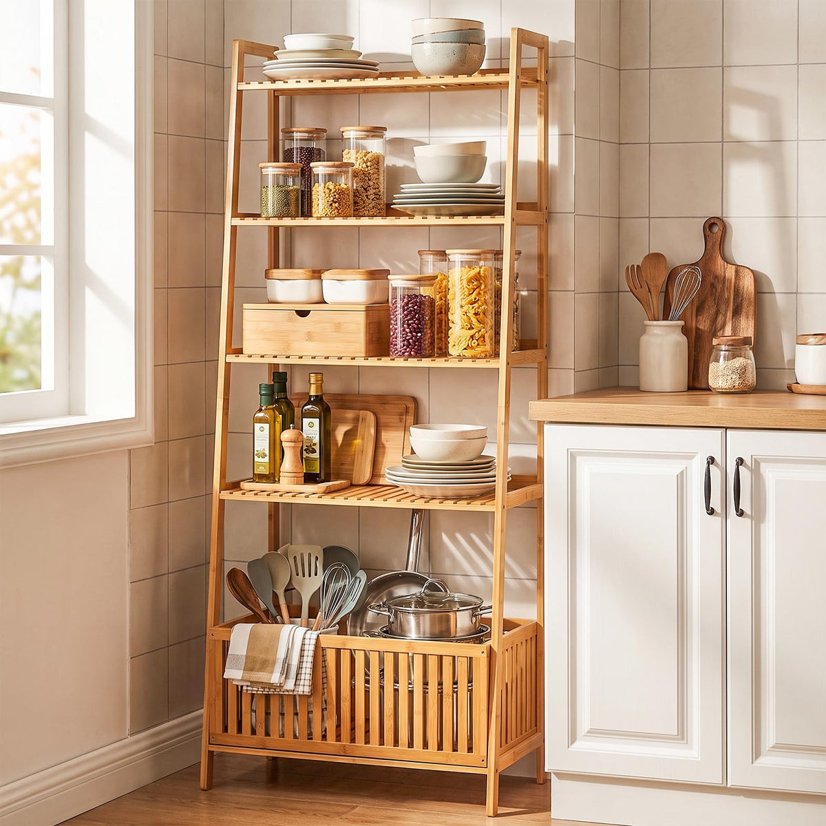Theodora 66" Bamboo Plant Stand Ladder Shelf with Basket