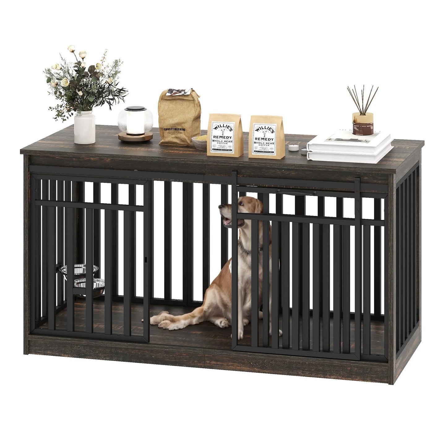 55.1" Drew Extra Large Dog Crates Furniture With Bowl Canva Home