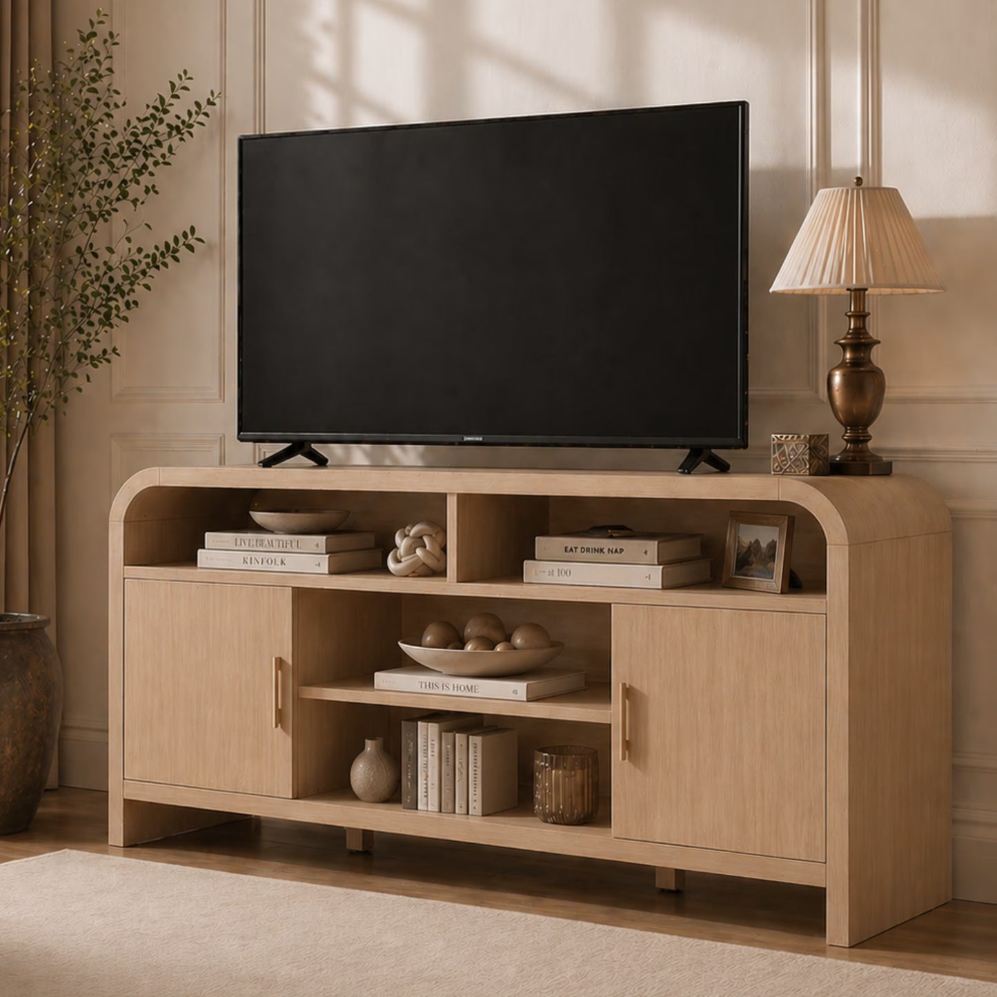 65" Light Burl Sideboard Curved TV Stand - Canva Home
