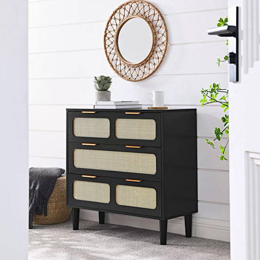 Zain Rattan Black Small 3 Drawer Chest Dresser