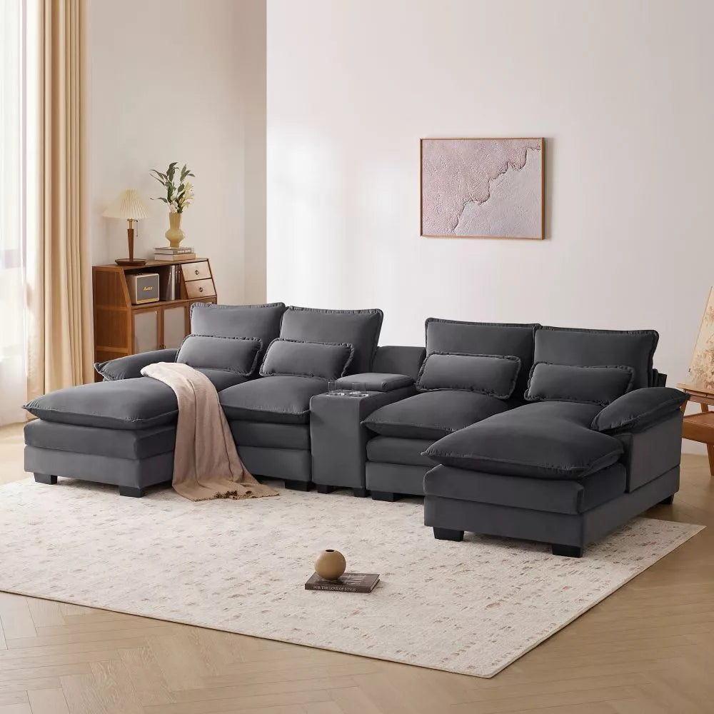 Modern Chenille U Shaped Sectional Console Couch