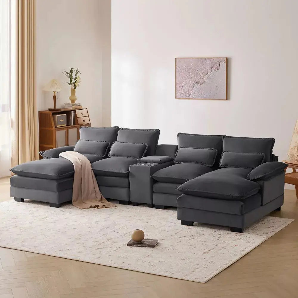 Modern Chenille U Shaped Sectional Console Couch Canva Home