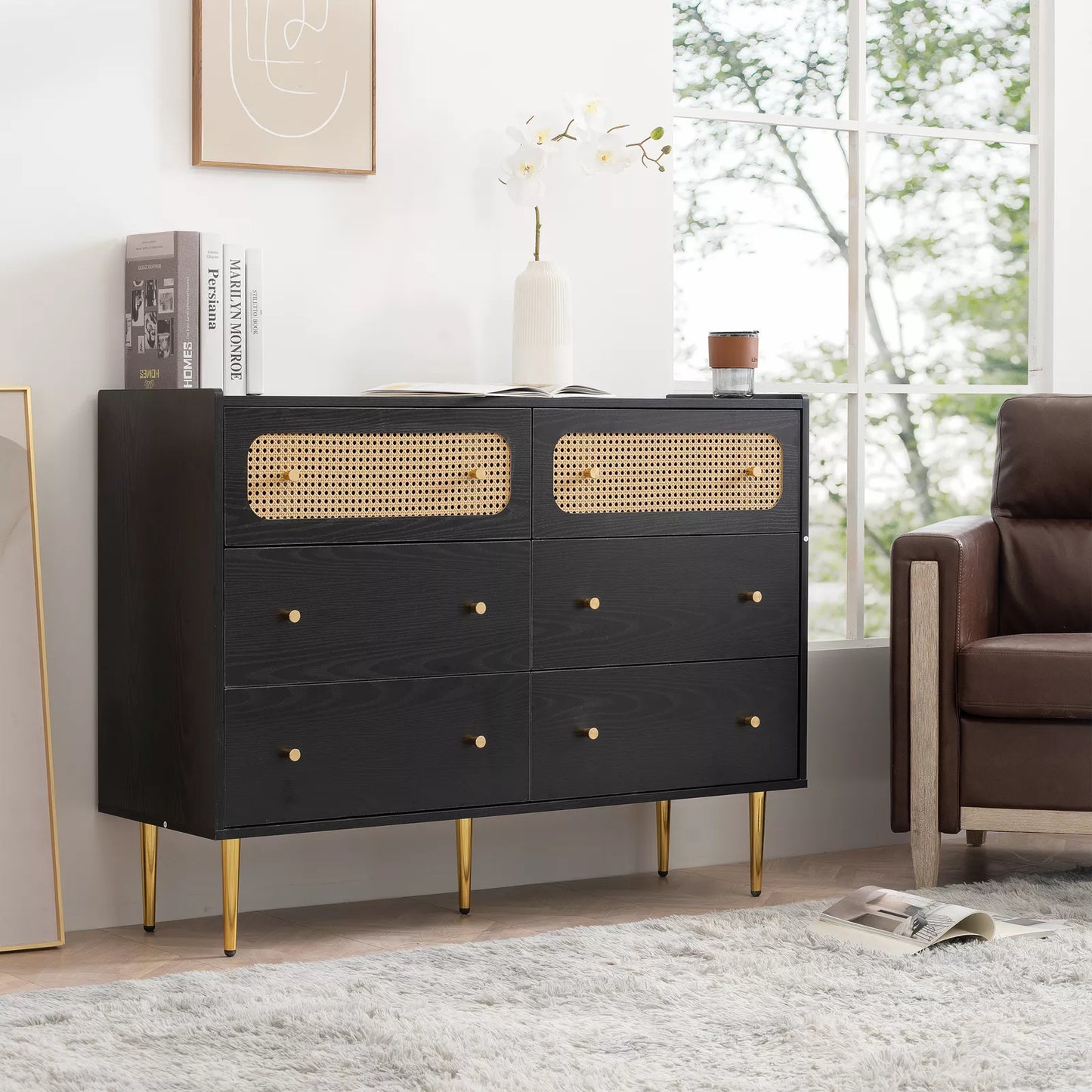 Ela Rattan Black 6 Drawer Chest Dresser