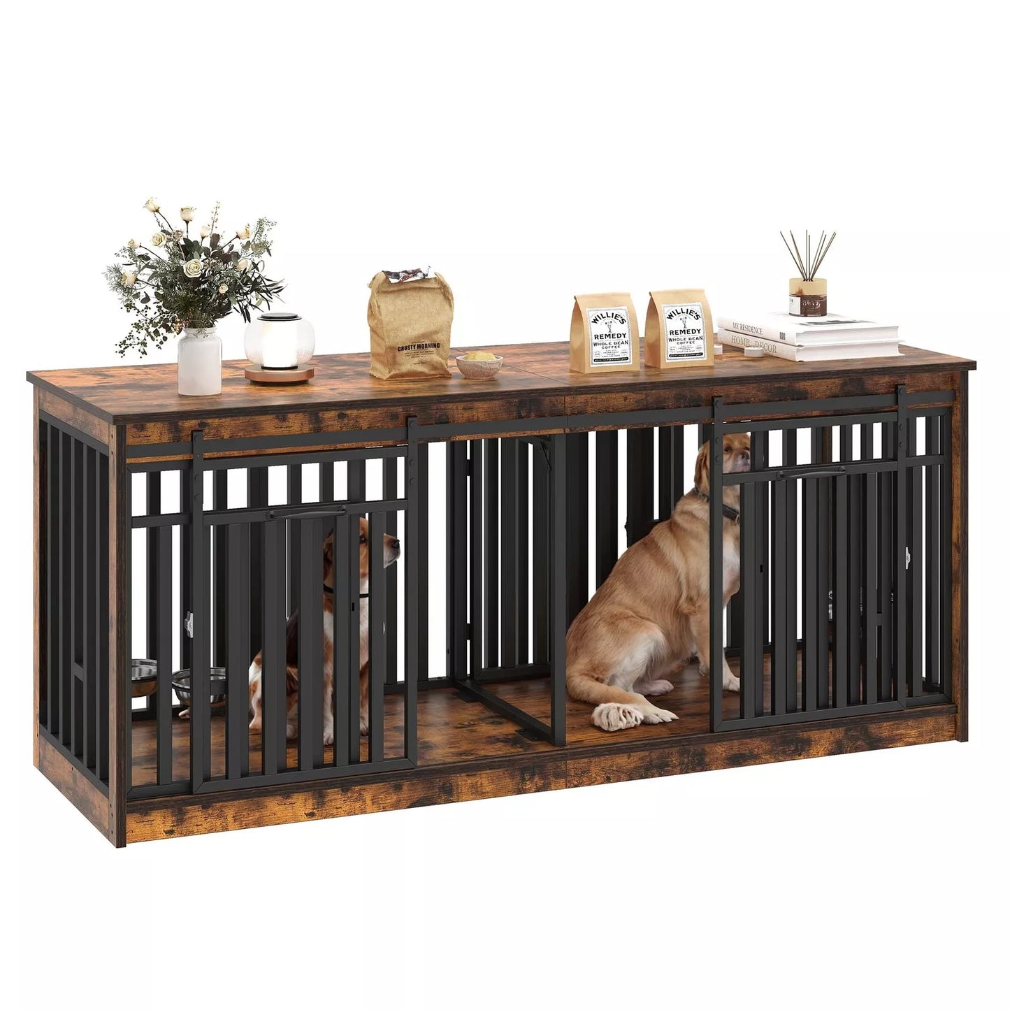 70.9" Ray Double Dog Crate Furniture For 2 Dogs With Bowl
