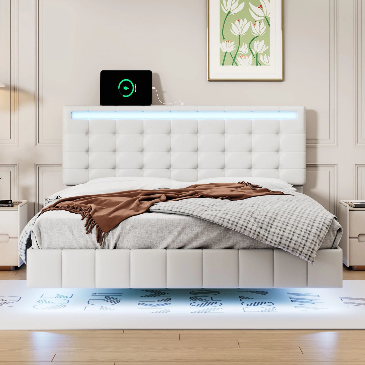 Neal Leather Upholstered Floating Bed With Lights