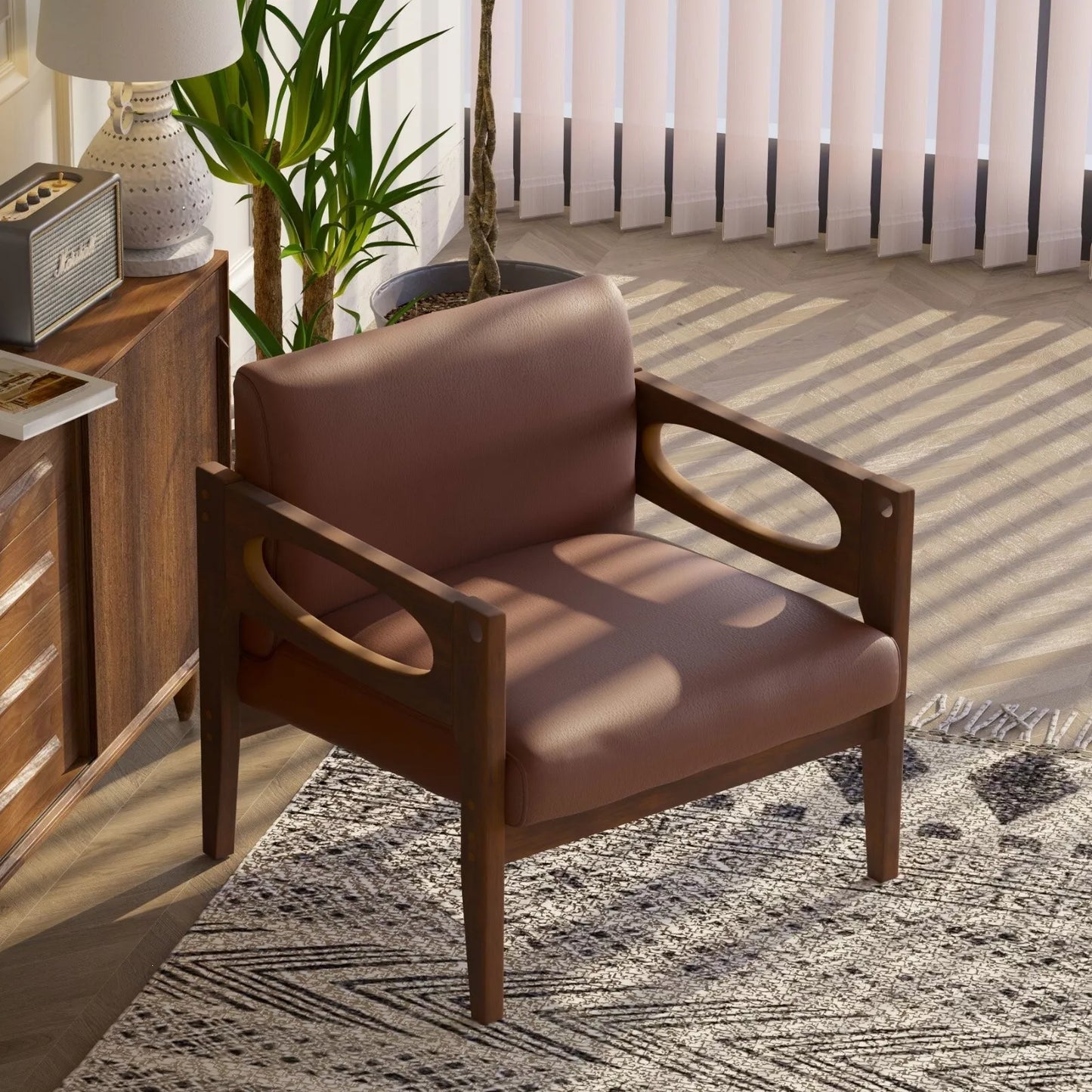 Brown Leather Mid Century Accent Armchair