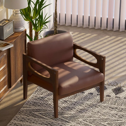 Brown Leather Mid Century Accent Armchair