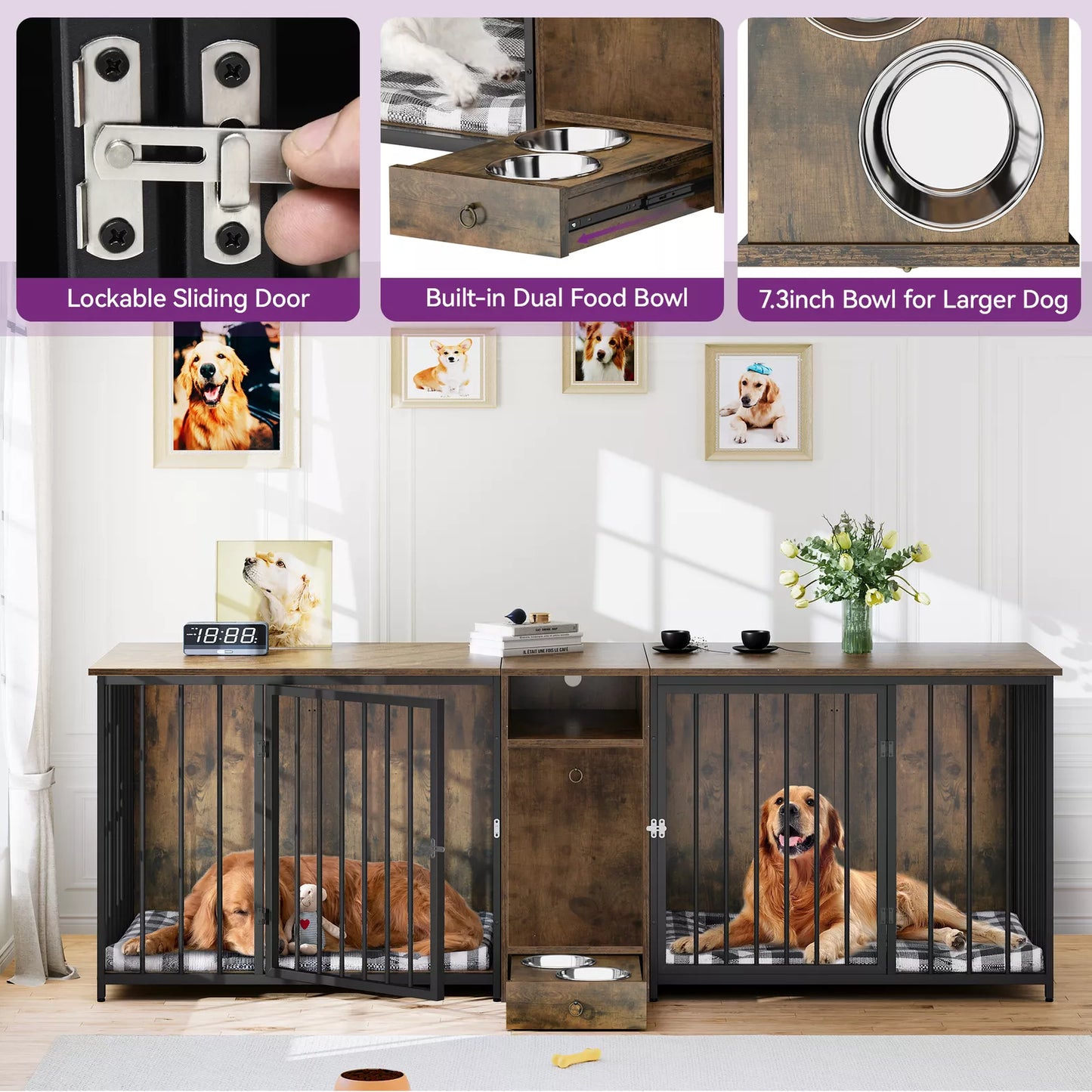 95.2" Rustic Double Dog Crate Furniture For 2 Dogs With Bowl
