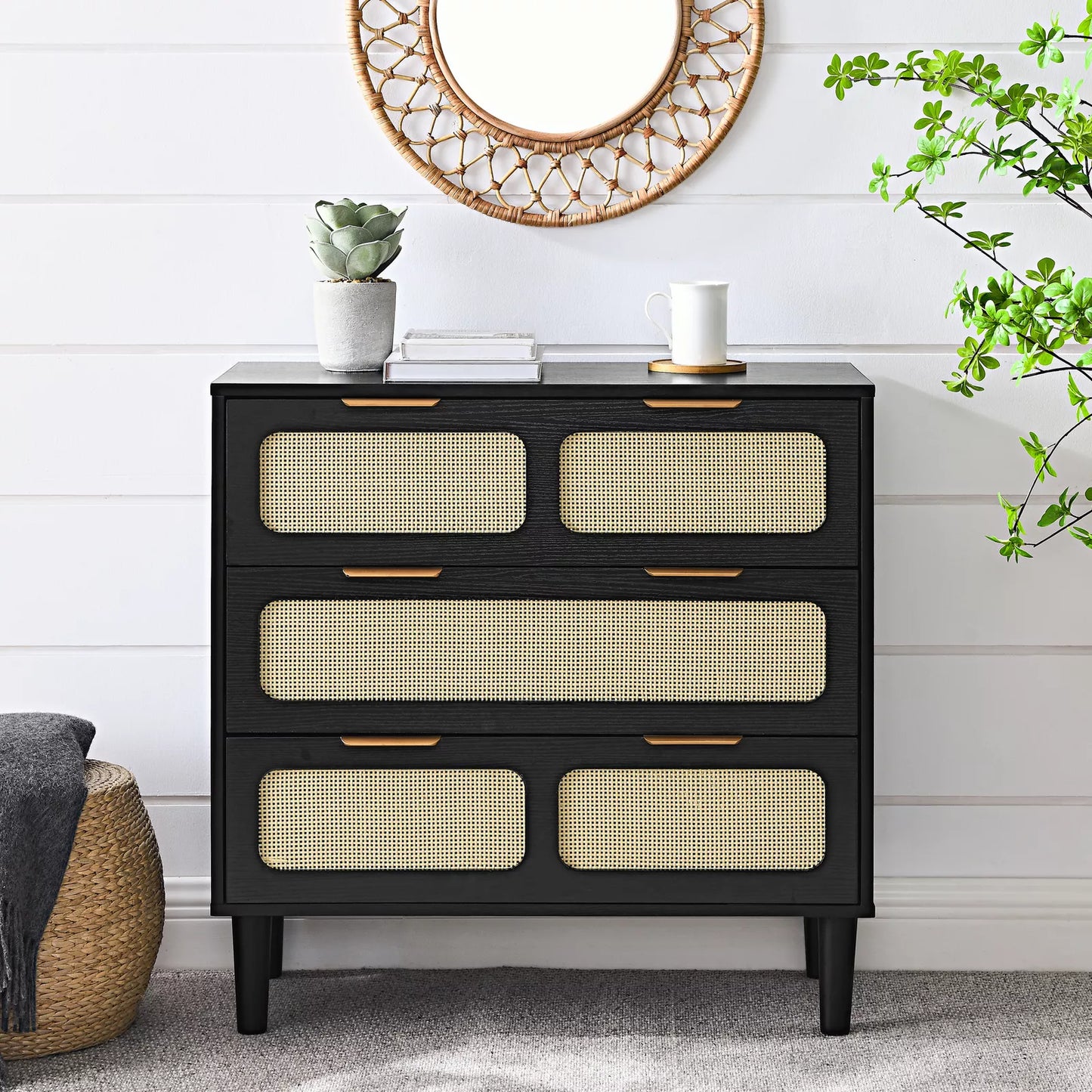 Zain Rattan Black Small 3 Drawer Chest Dresser