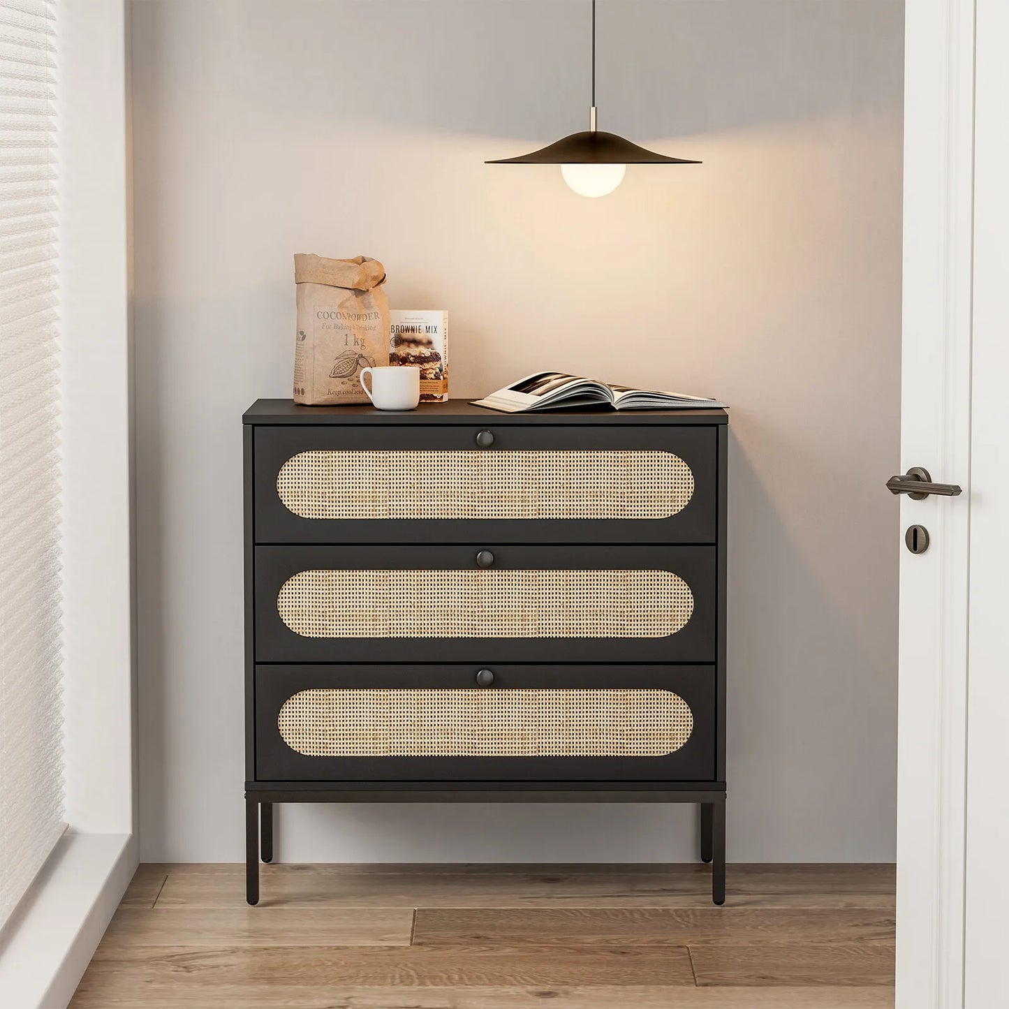 Alys Rattan Black Small 3 Drawer Chest Dresser