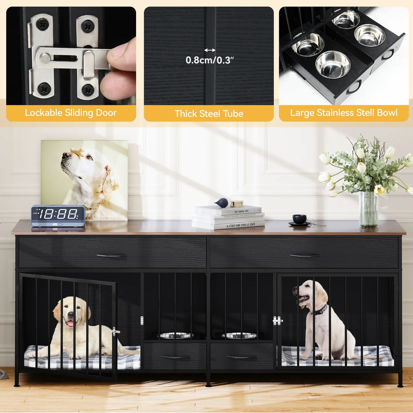 74.8" Lilli Double Dog Crate Furniture For 2 Dogs With Bowl