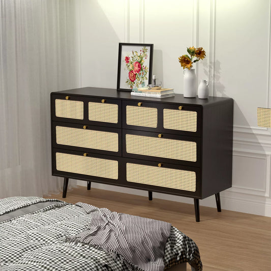 Elise Rattan Black 6 Drawer Chest Dresser