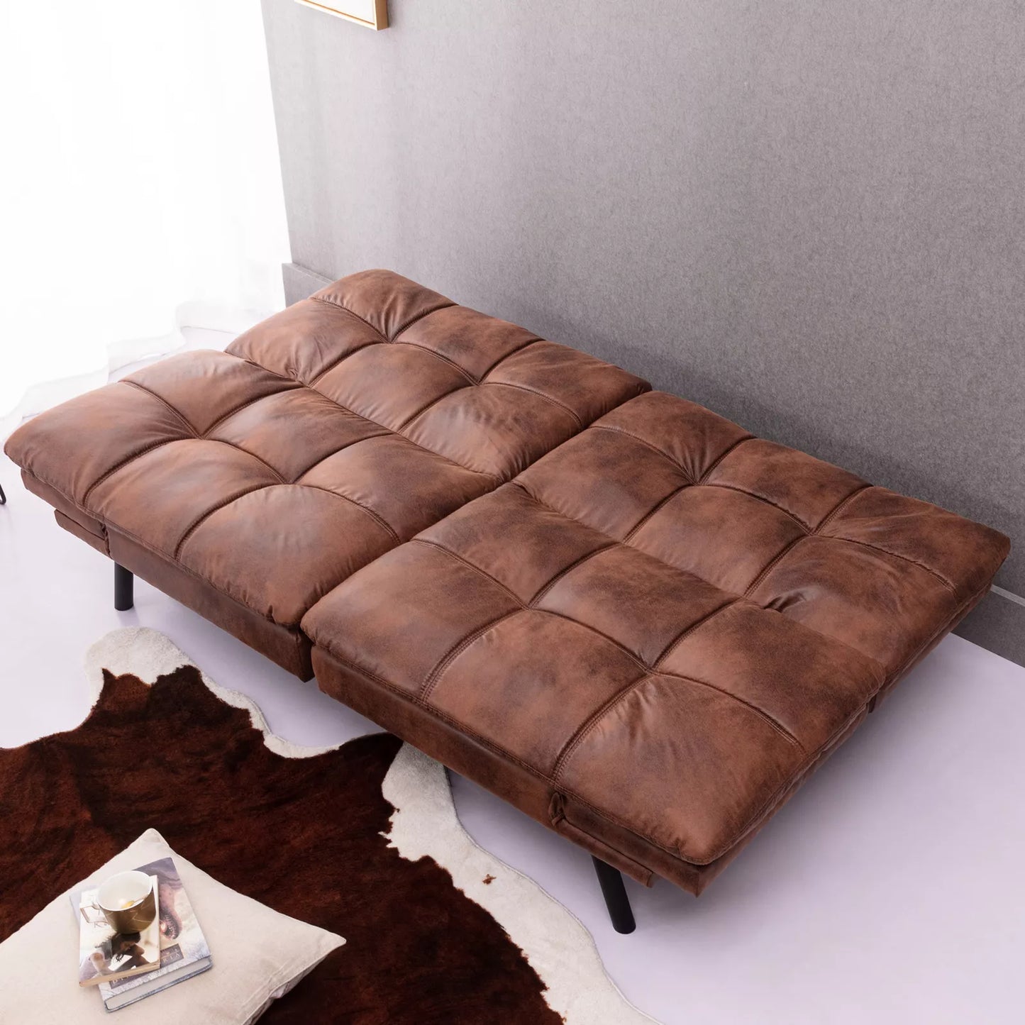 Vintage Leather Convertible Futon Sofa Bed