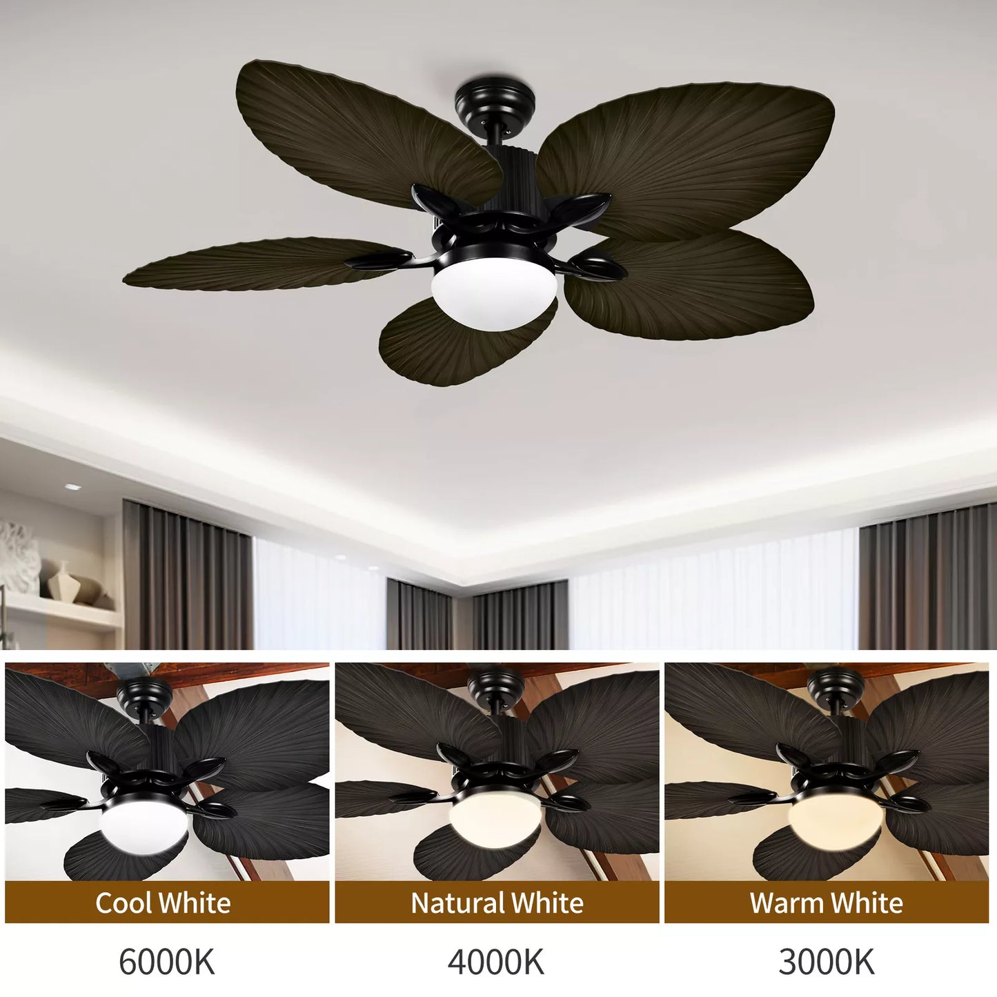 Brown Palm Ceiling Fan With Light & Remote