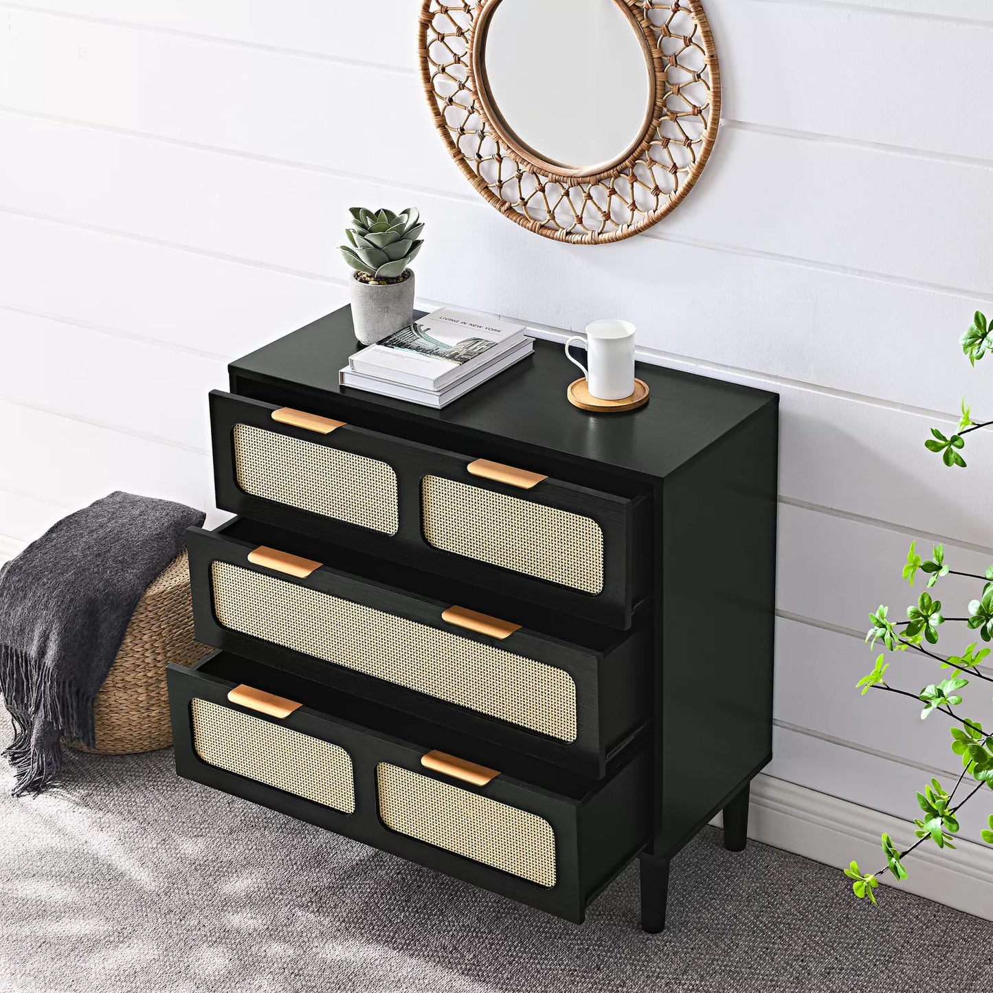 Zain Rattan Black Small 3 Drawer Chest Dresser
