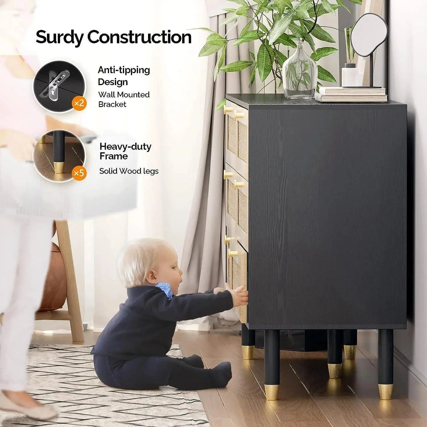 Clark Rattan Wide Black 6 Drawer Chest Dresser Canva Home