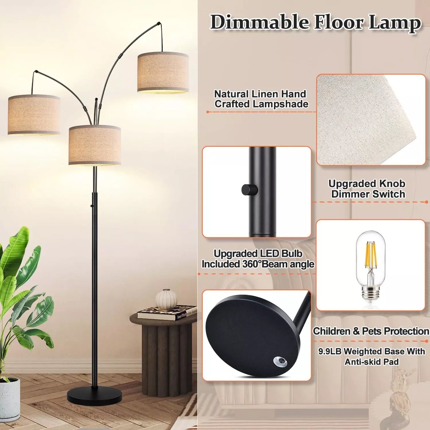 3 Lights Farmhouse Living Room Floor Lamp