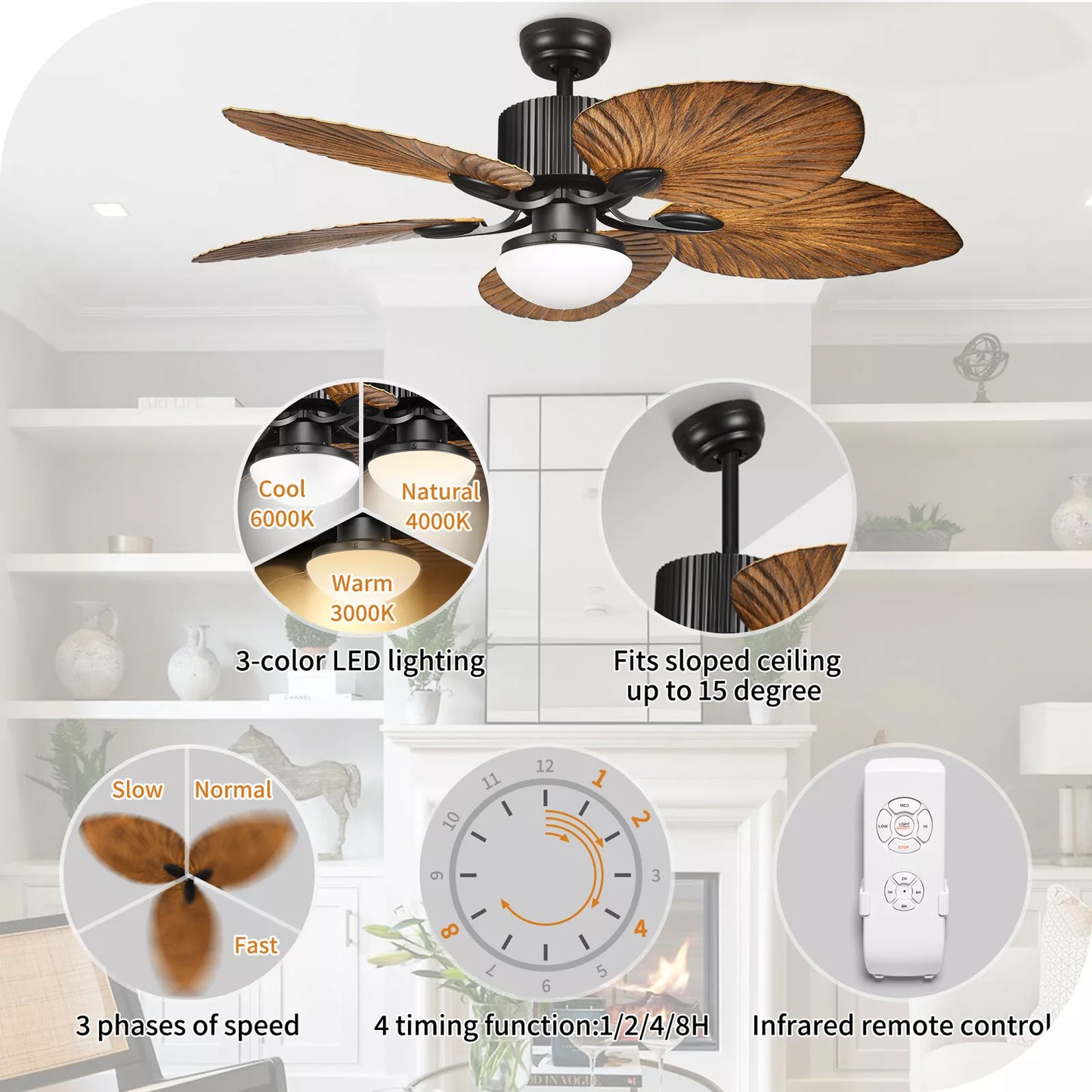 Walnut Palm Leaf Ceiling Fan With Light & Remote