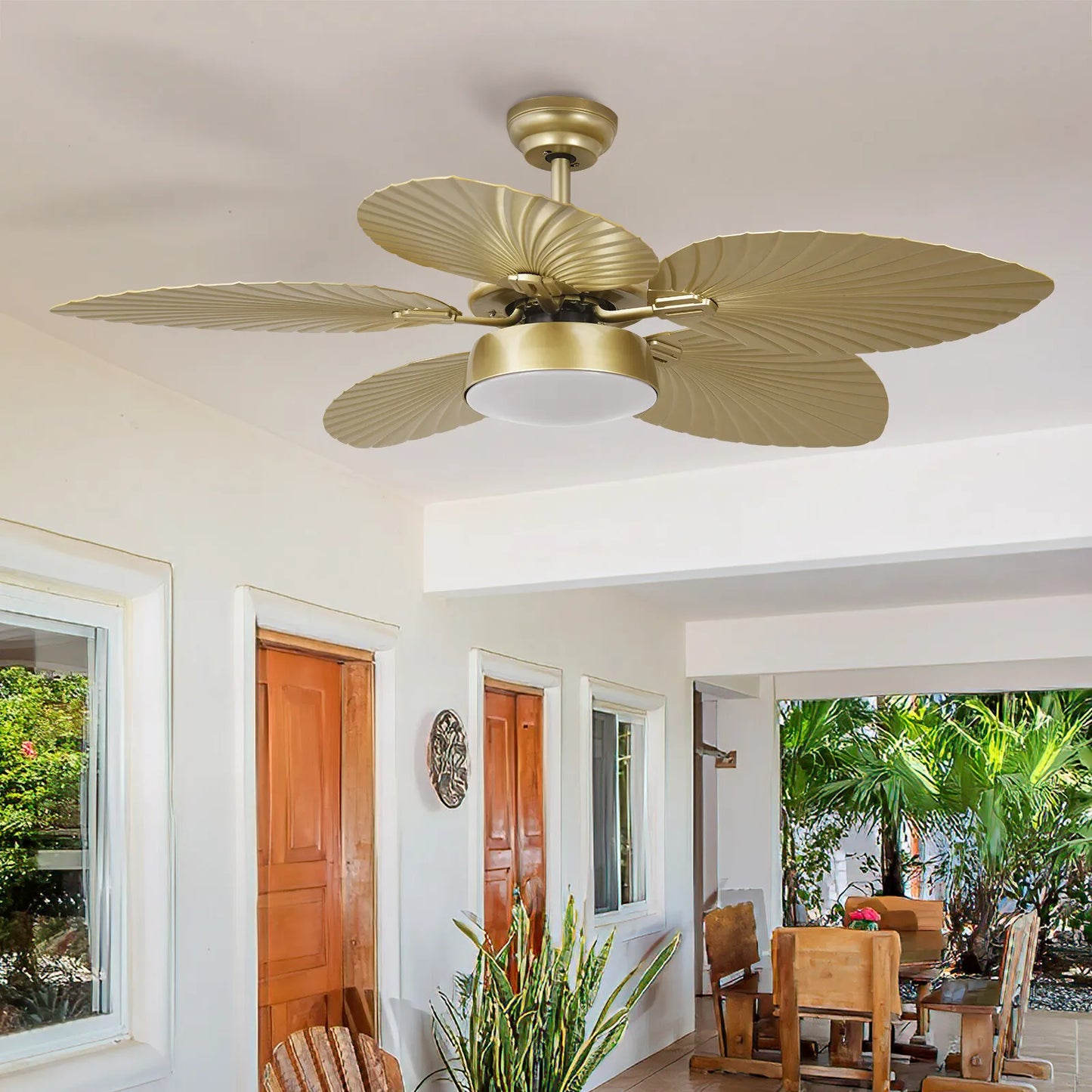 Gold Palm Leaf Ceiling Fan With Light & Remote
