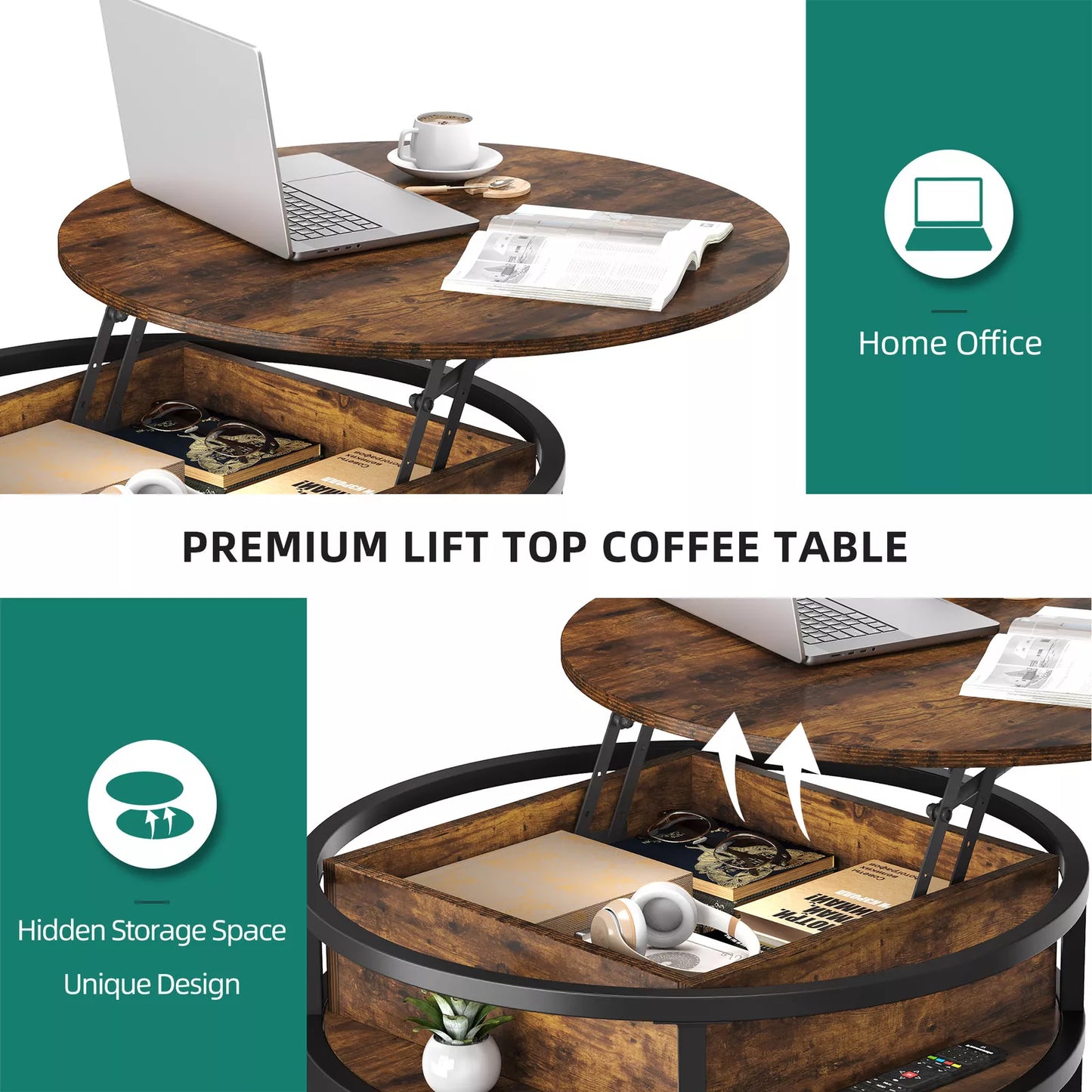 Keith Rustic Round Lift Top Farmhouse Coffee Table